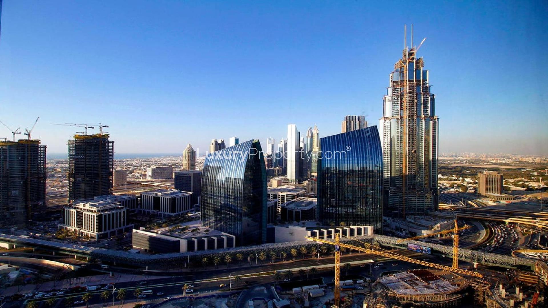 View of Burj Khalifa and surrounding Downtown Dubai area with modern architecture