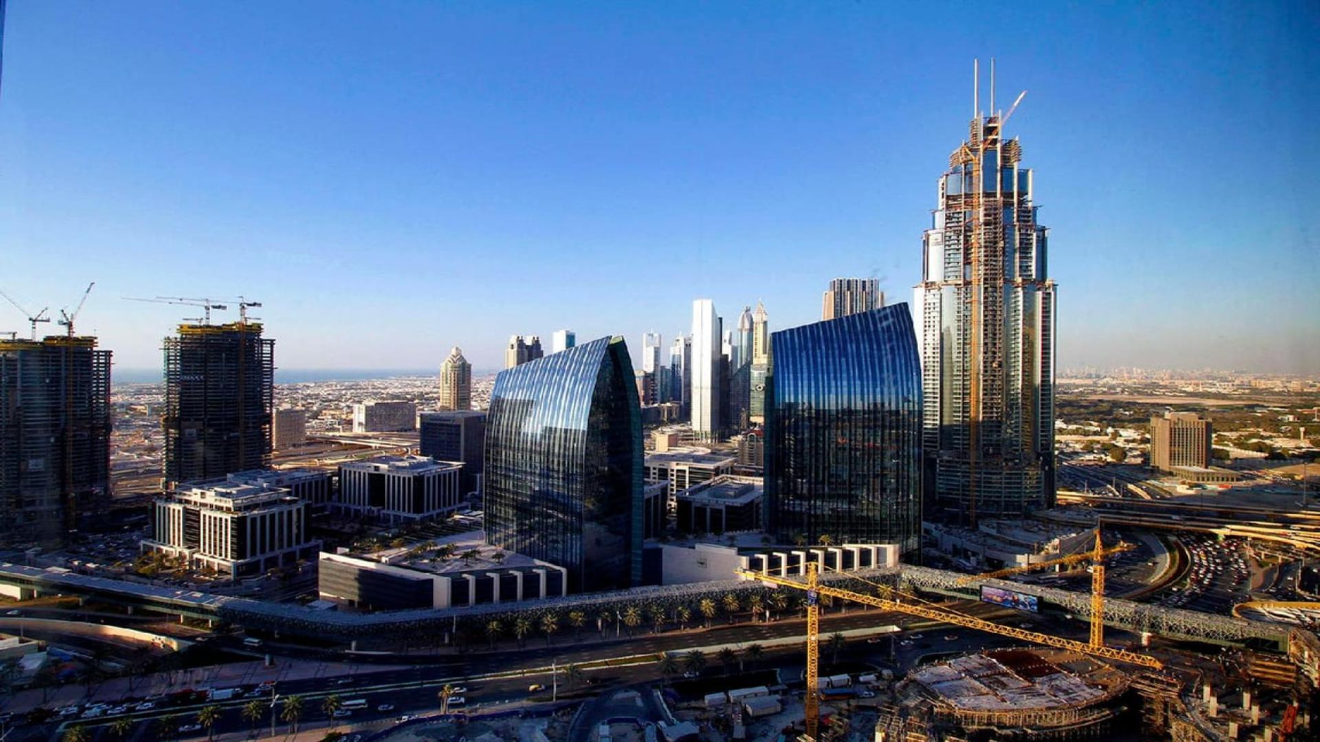 View of Burj Khalifa and surrounding Downtown Dubai area with modern architecture
