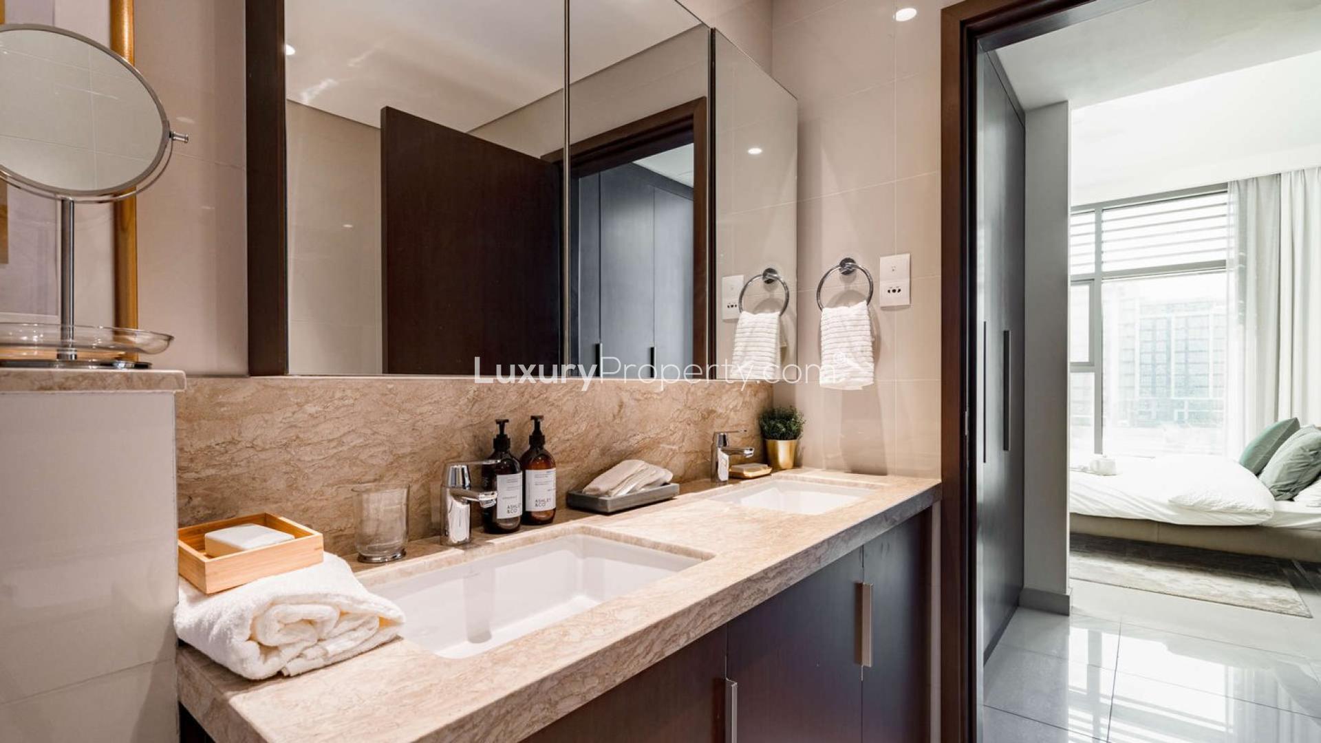 Modern living room in Acacia Park Heights, Dubai Hills Estate apartment for rent