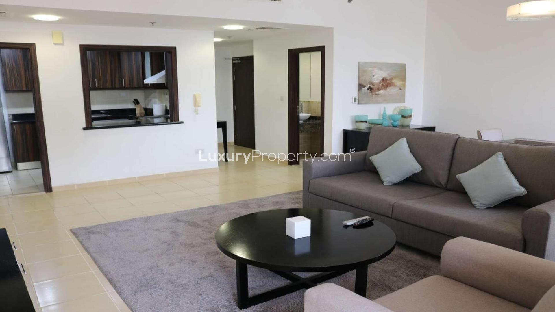 Furnished living room in 2-bedroom apartment, Shams 1, JBR, with modern decor and city view