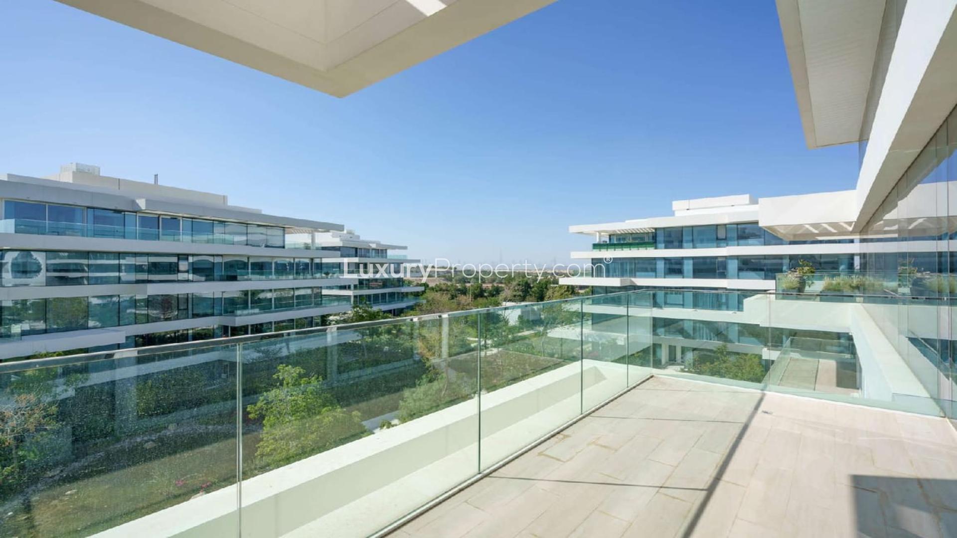 Modern kitchen with large windows in 2-bedroom apartment, Ashjar, Al Barari for rent