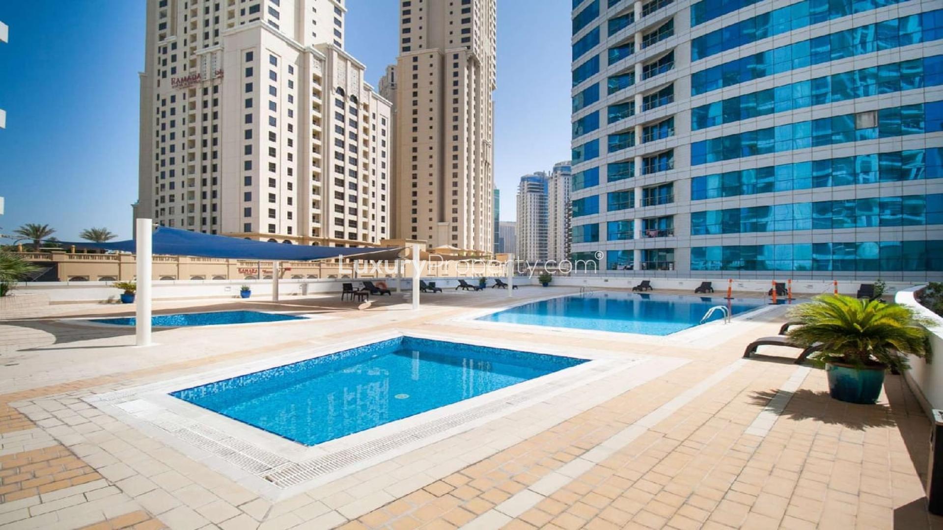 Stylish living room in waterfront 1-bedroom apartment, Dorra Bay, Dubai Marina for rent