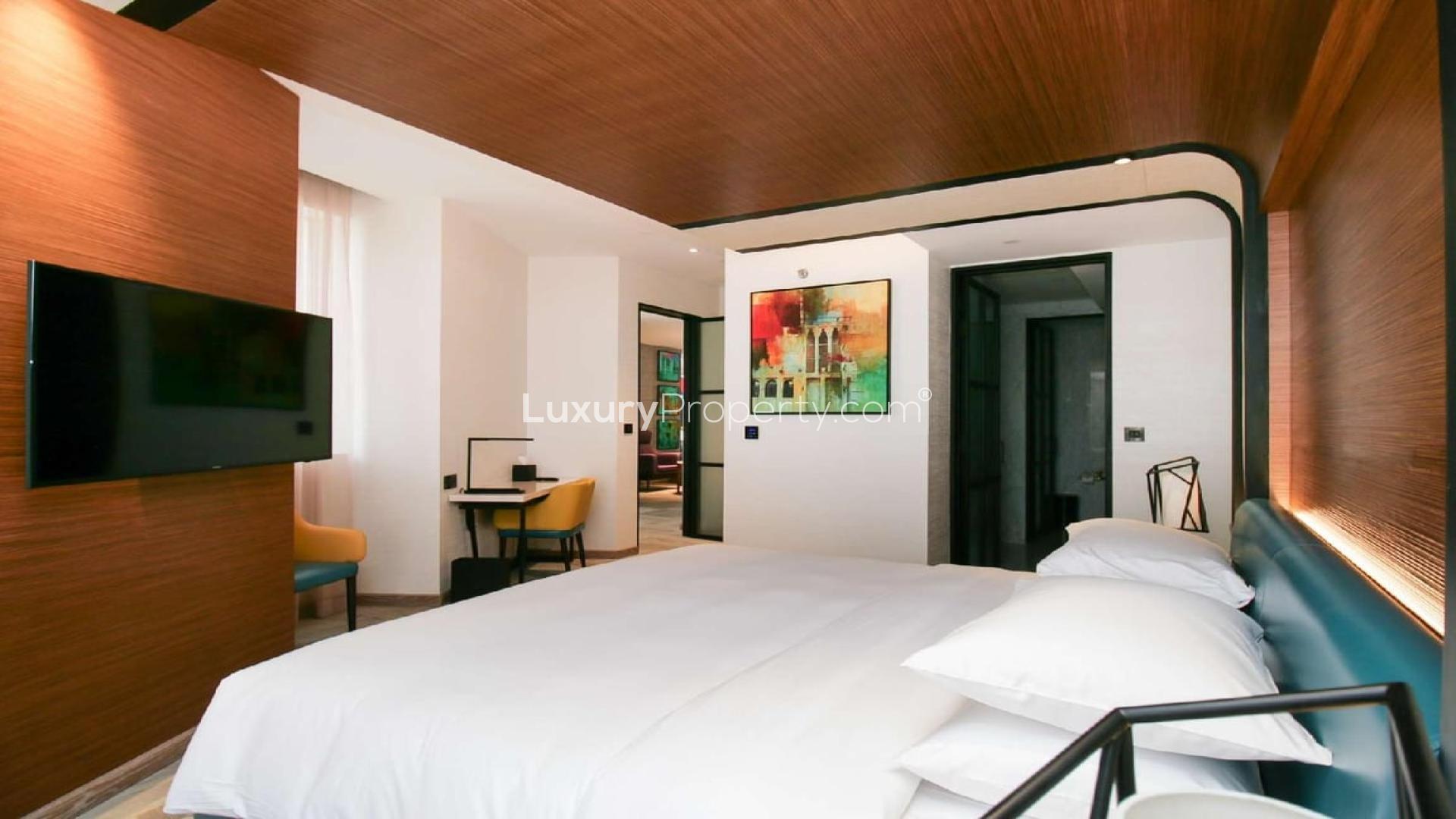 Stylish living room in two-bed serviced apartment, Andaz Dubai The Palm, Palm Jumeirah