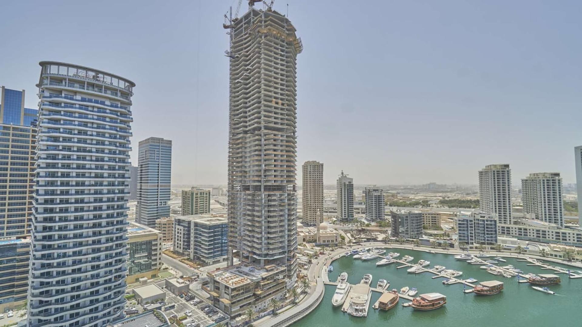 Dubai Marina skyline view from Sparkle Towers apartment for rent, featuring waterfront promenade