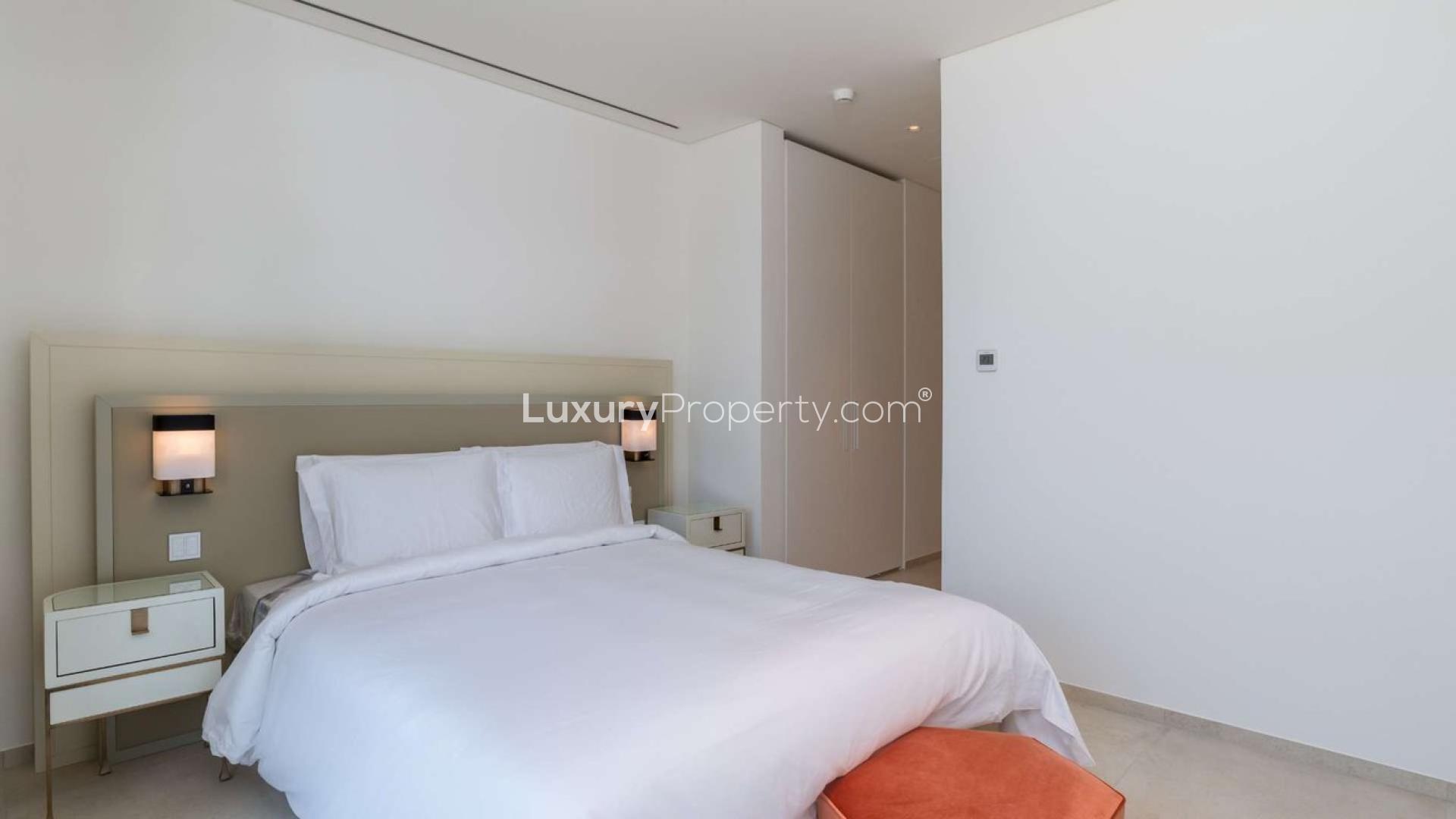 Balcony view from 2-bedroom apartment in Eden House, overlooking Sheikh Zayed Road skyline