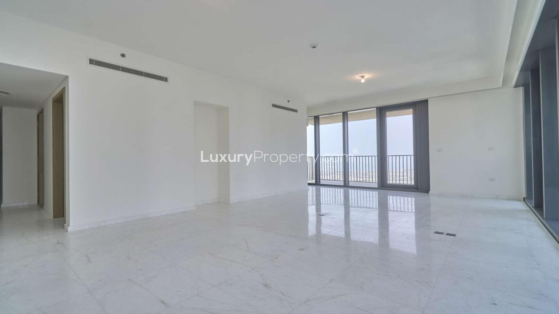 Balcony view from 2-bedroom apartment in BLVD Heights, Downtown Dubai skyline in background