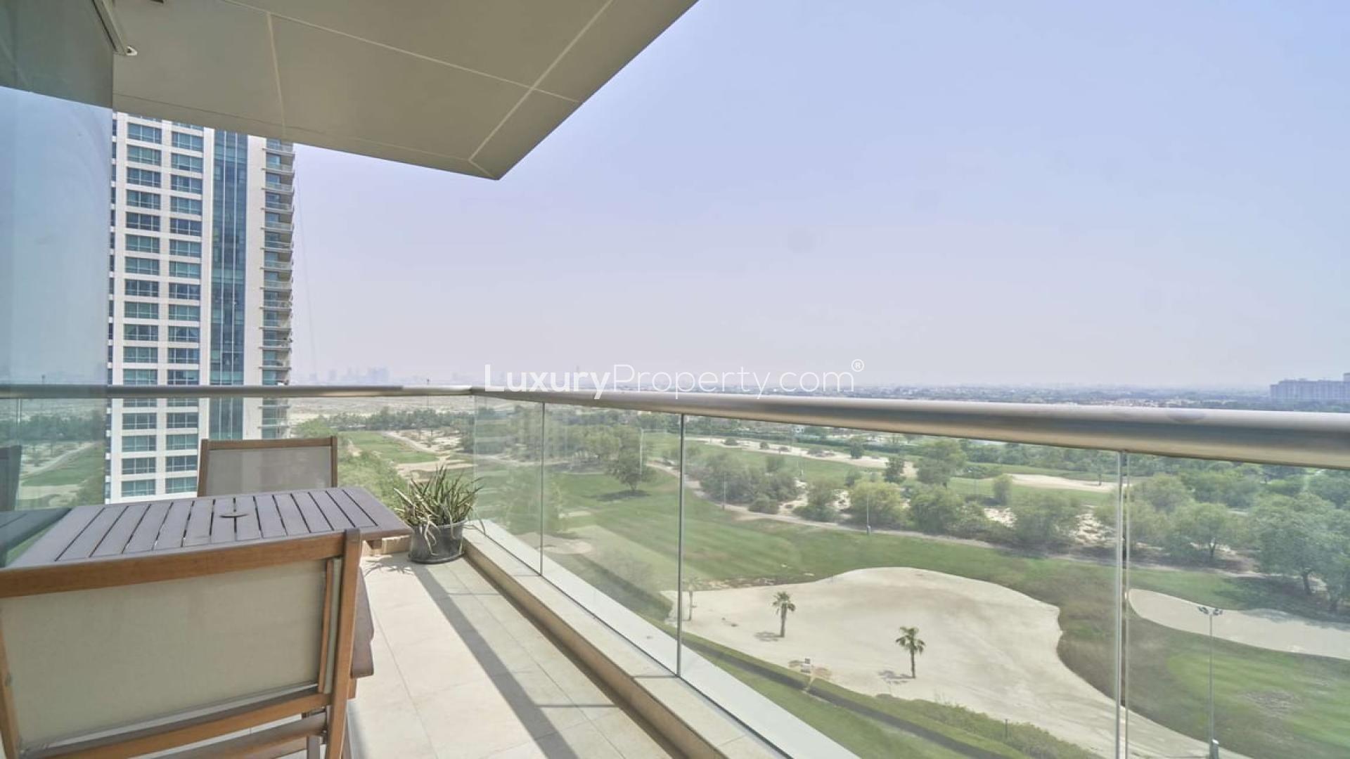 View from two-bedroom apartment in The Fairways West Tower overlooking golf course and skyline