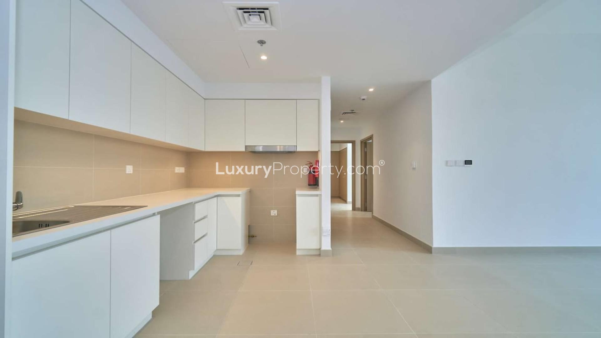 Balcony view from apartment in Creek Horizon, Dubai Creek Harbour, overlooking cityscape and waterfront