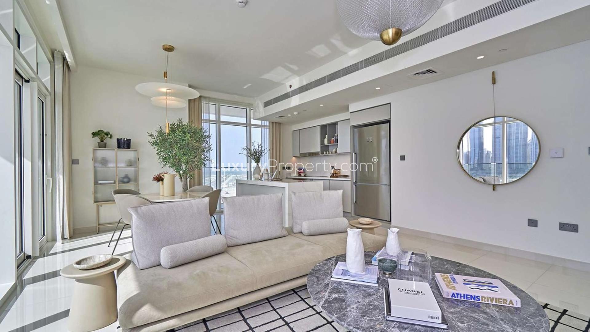 Modern living room in Sunrise Bay, Emaar Beachfront apartment, Dubai Harbour. Bright and spacious