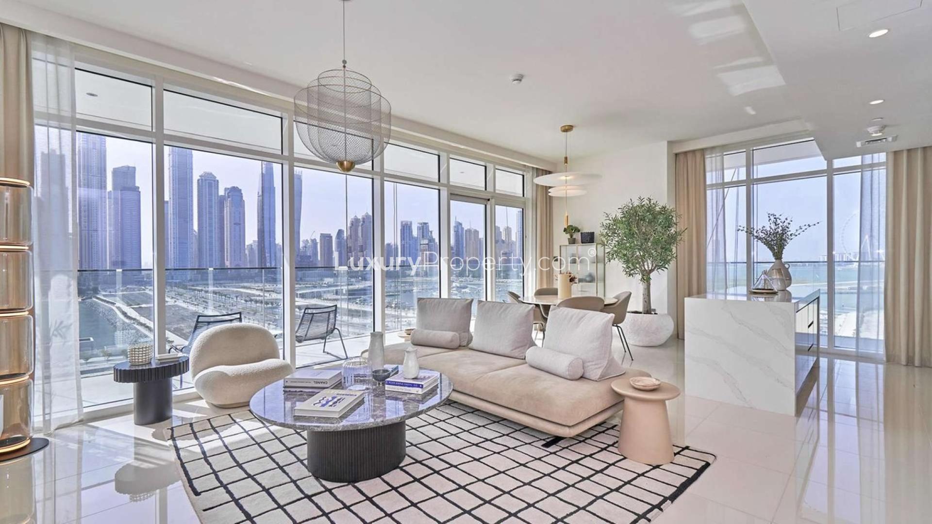 Luxurious living room with stunning skyline views, Sunrise Bay apartment, Emaar Beachfront, Dubai Harbour