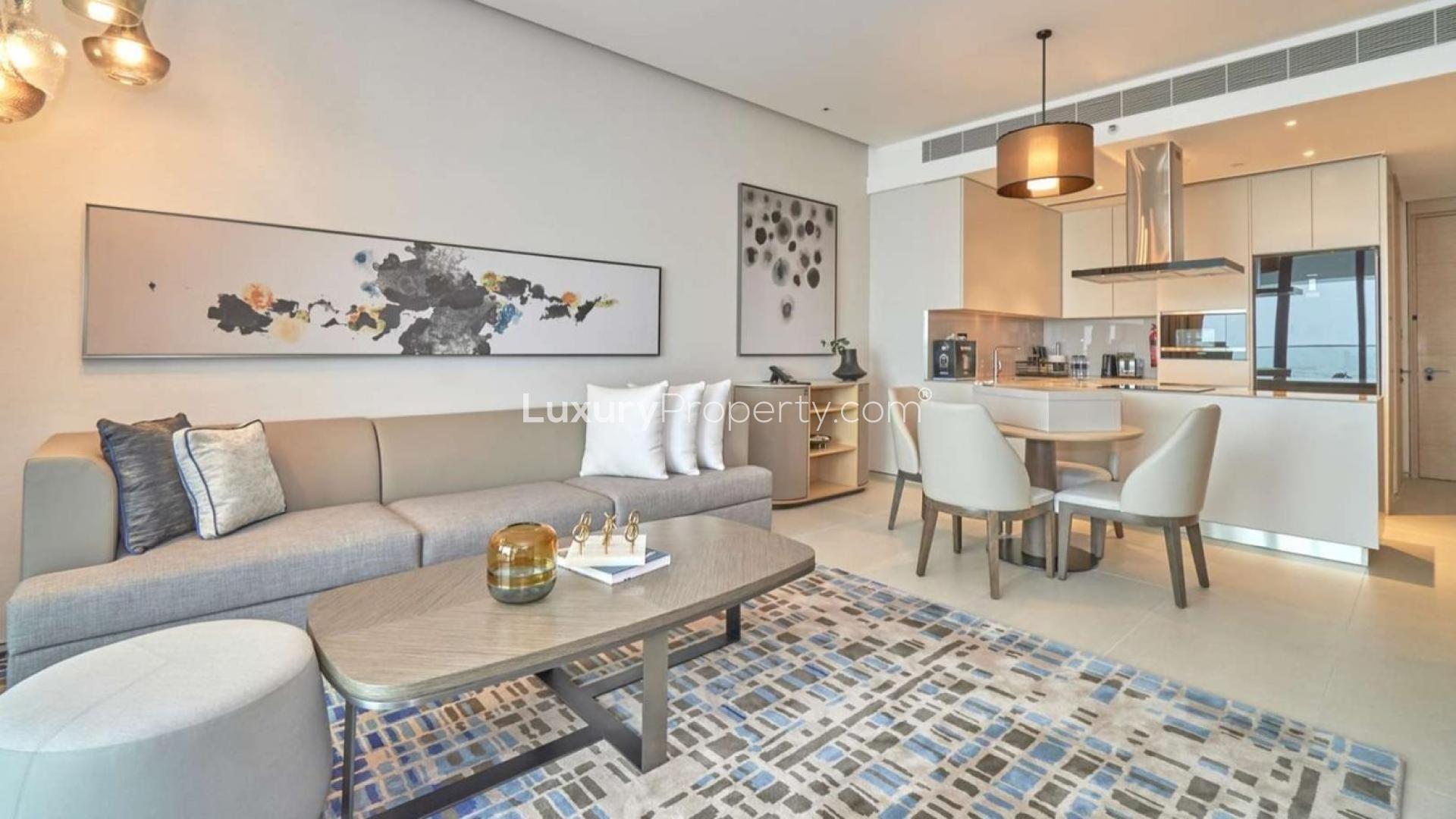 Modern living room in serviced 2-bedroom apartment, The Address Jumeirah Beach Resort, Dubai