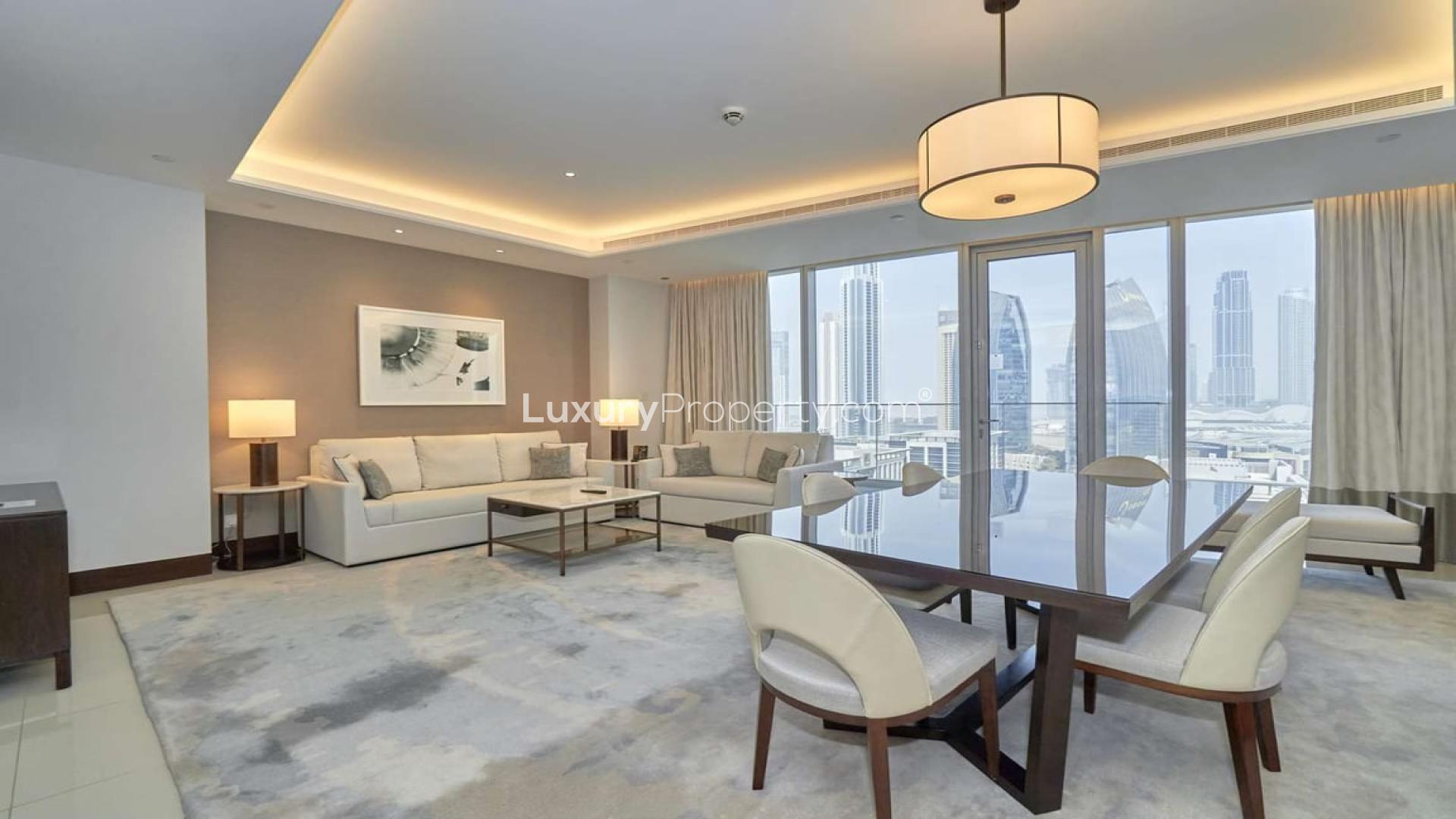 Furnished living room in two-bedroom apartment, The Address Sky View, Downtown Dubai, city views