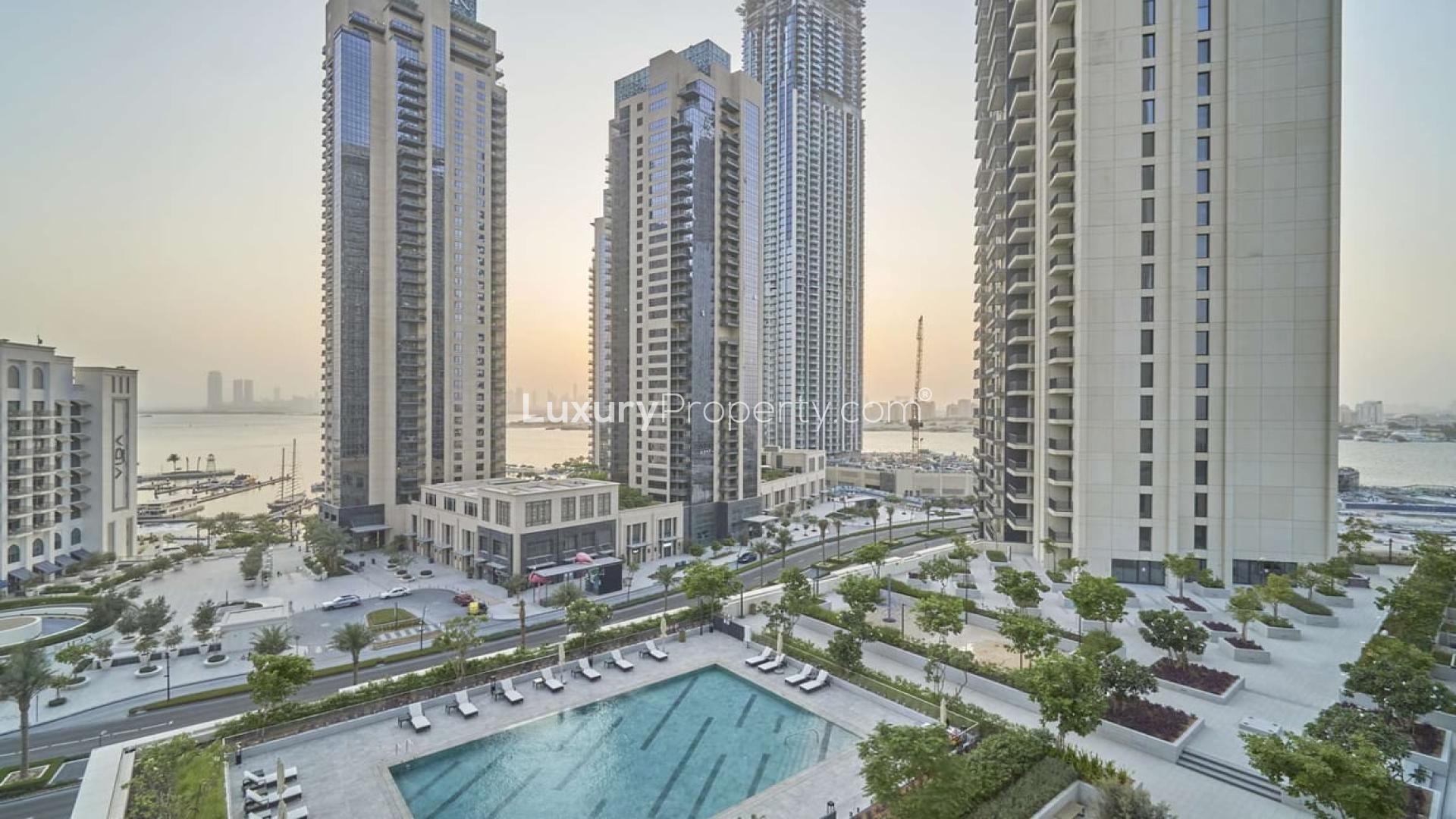 Stunning view from Creek Horizon Tower 1 apartment, Dubai Creek Harbour, with pool and skyline