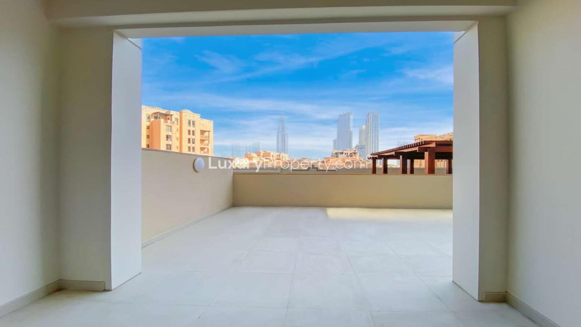 "Spacious terrace view from two-bedroom apartment in Bellevue Towers, Downtown Dubai.",Massive terrace view in modern Downtown Dubai apartment, Bellevue Towers, available for rent