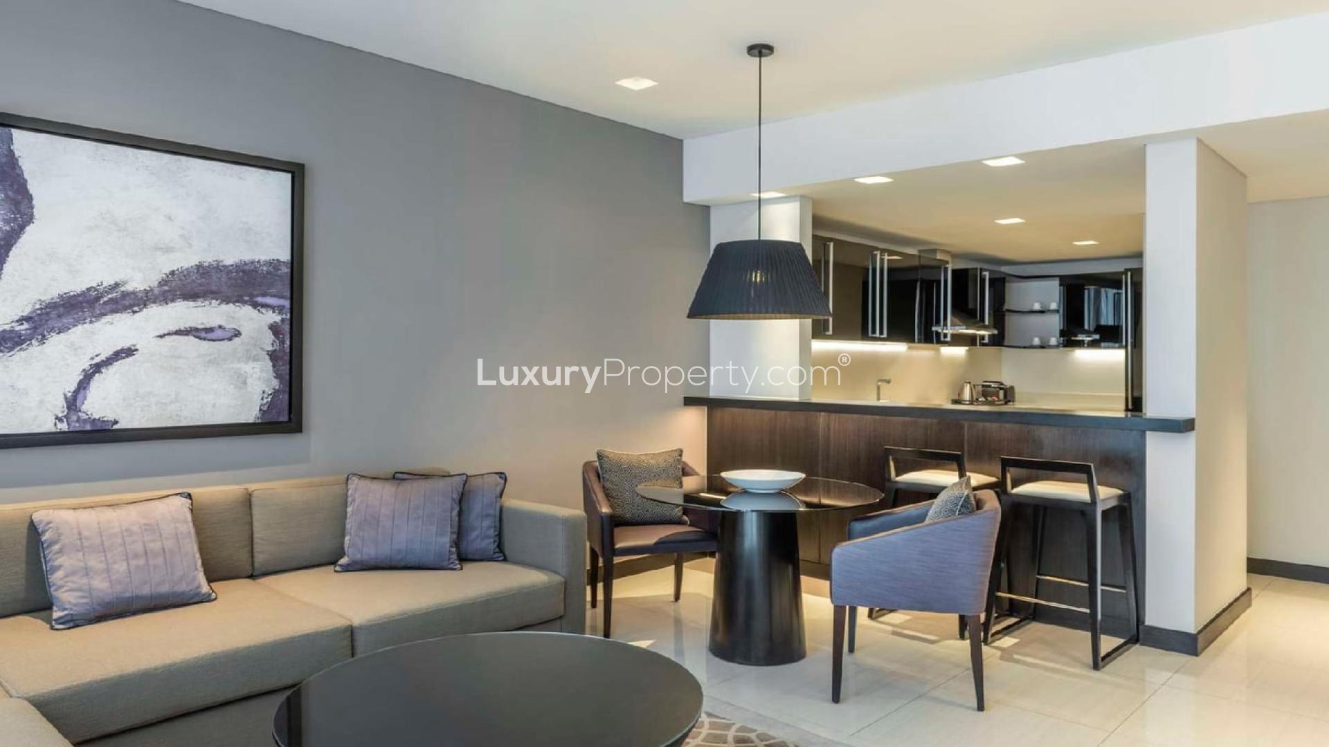 Modern living area in Sheraton Grand Hotel apartment on Sheikh Zayed Road, Dubai