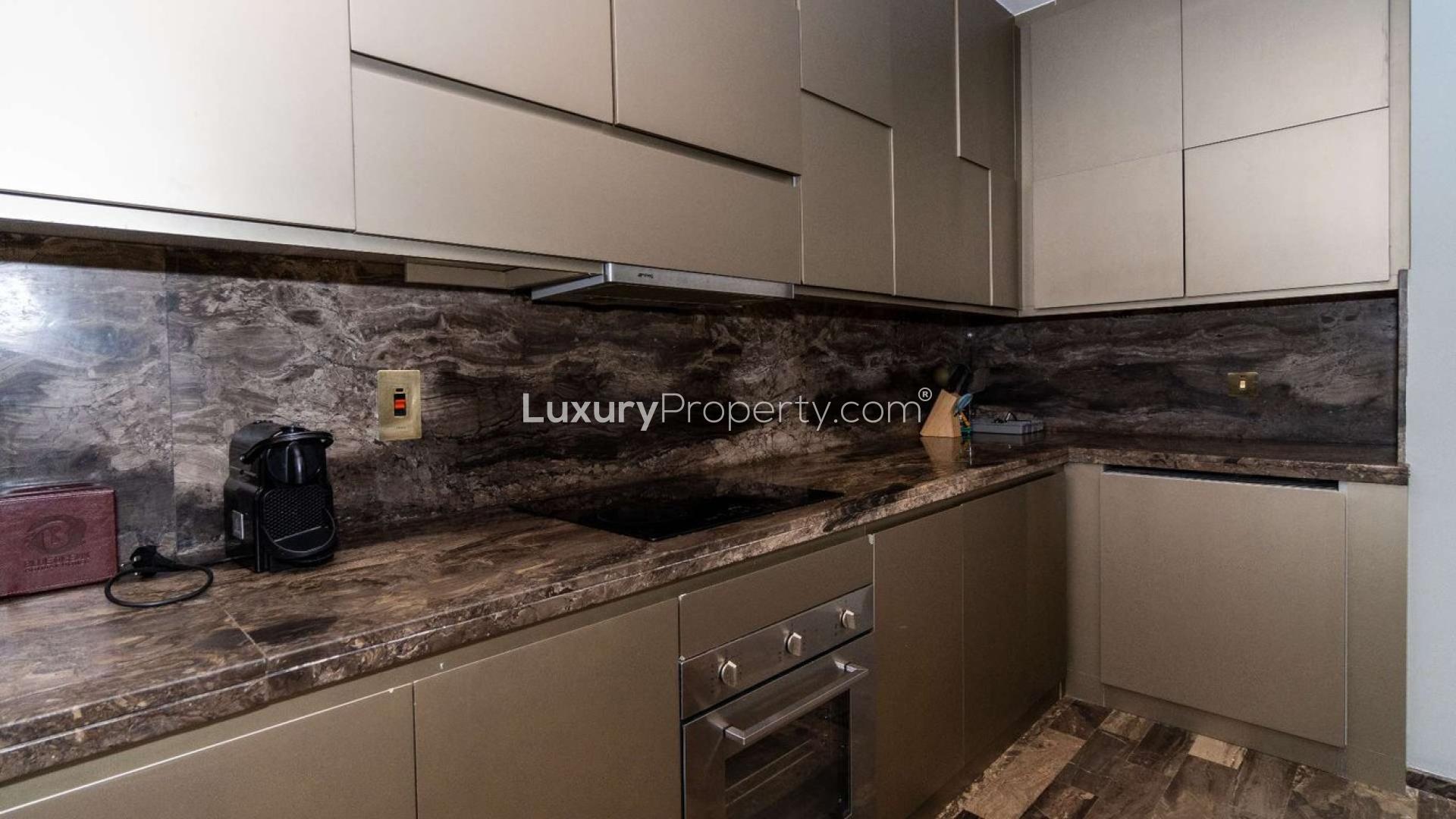 Balcony view from Fendi styled apartment in Damac Heights, Dubai Marina, with cityscape