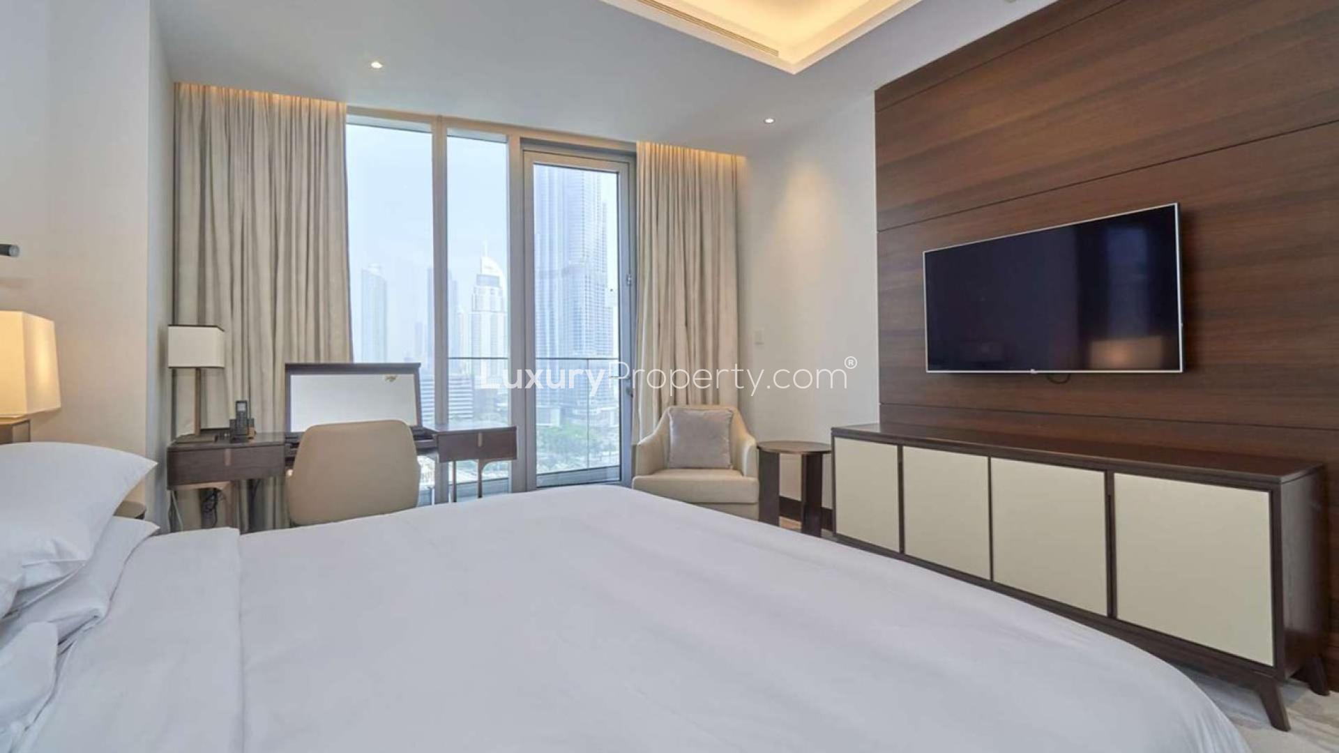 Modern bedroom with city views in Address Sky View, Downtown Dubai apartment for rent