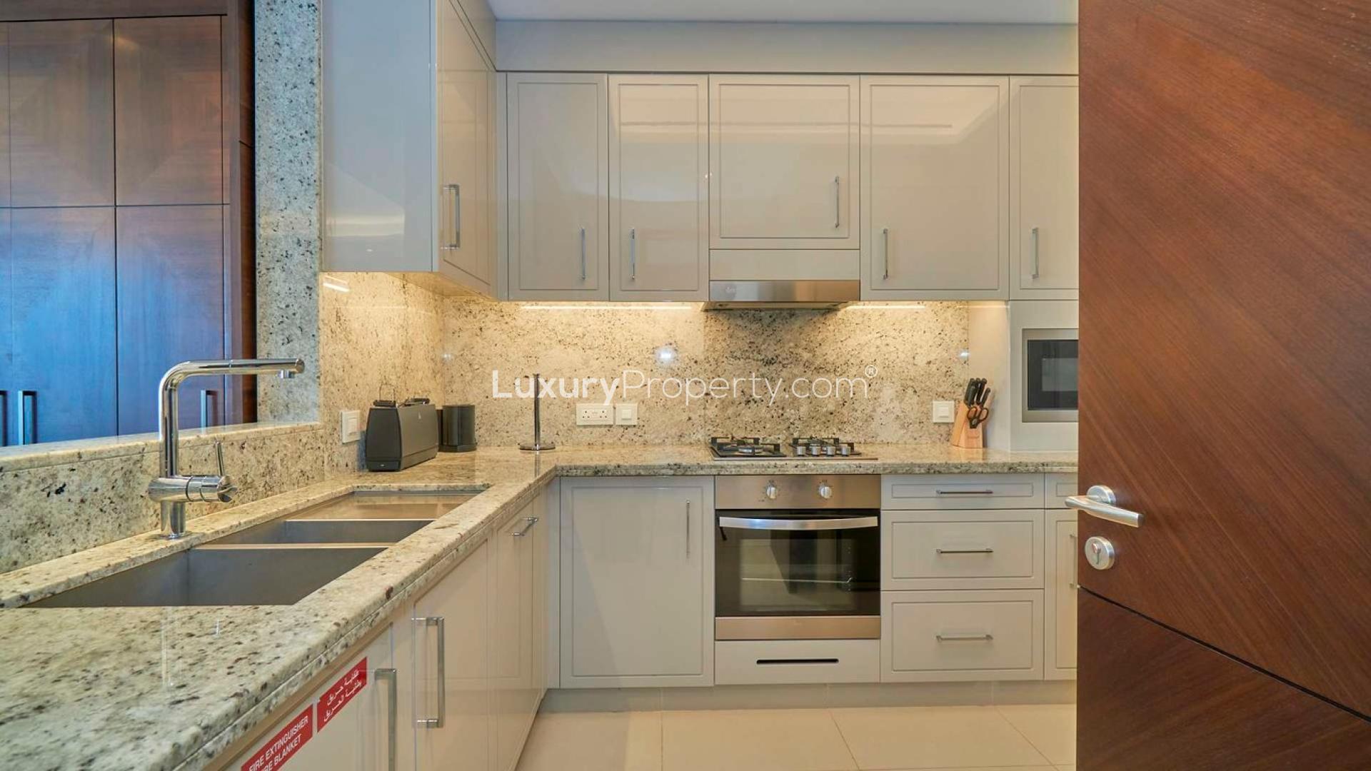 Elegant living room with Burj Khalifa views in Downtown Dubai apartment, The Address Sky View