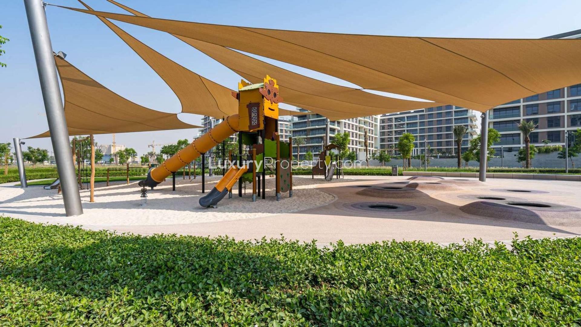 Modern kitchen in two-bedroom apartment, Acacia Park Heights, Emaar South, Dubai, for rent