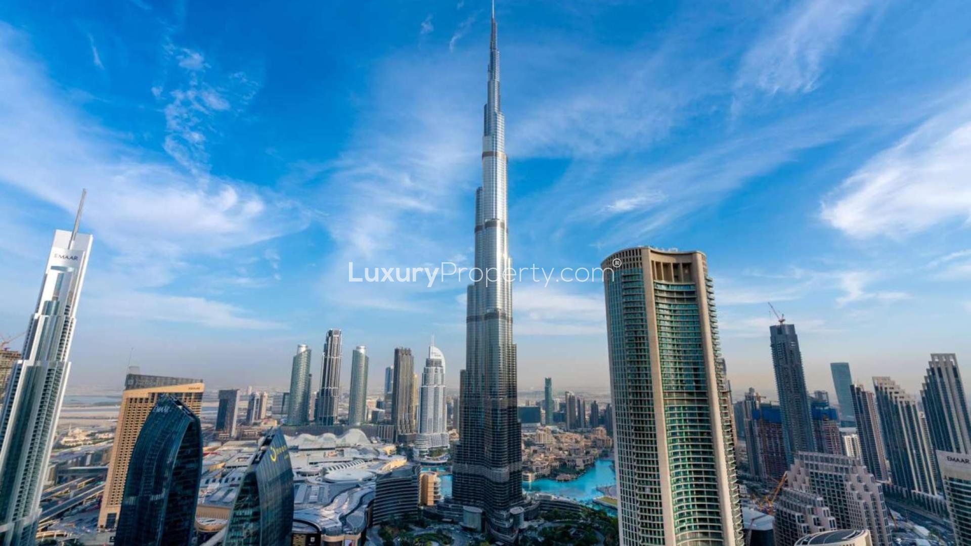 Luxurious apartment balcony with stunning Downtown Dubai skyline view from The Address Sky View Towers