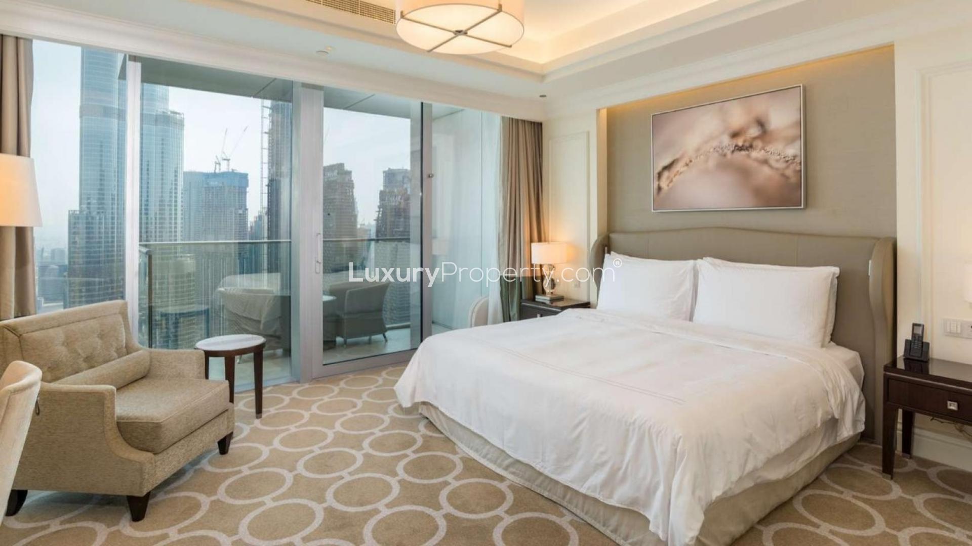 Luxurious living room in The Address The BLVD apartment, Downtown Dubai, with Burj Khalifa view