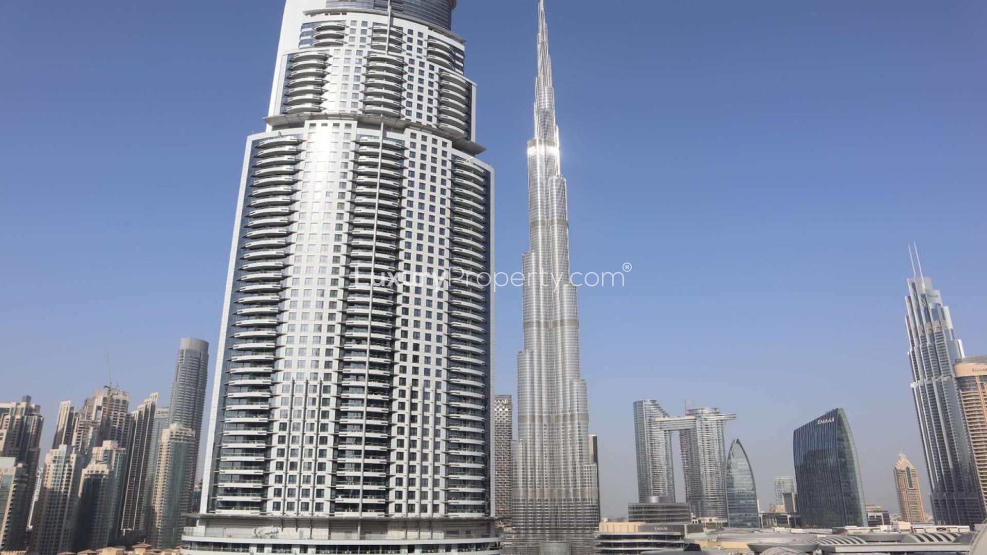 Spacious balcony with Burj Khalifa view in Downtown Dubai apartment for rent