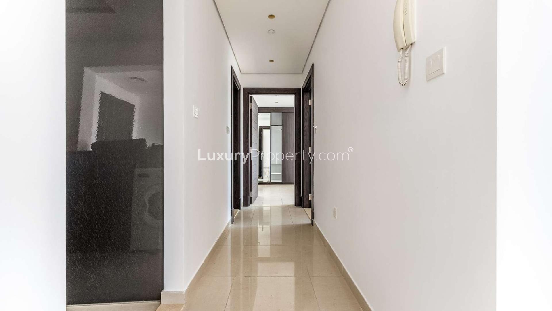 Dubai Marina view from Silverene apartment, showcasing waterfront and skyscrapers, available for rent