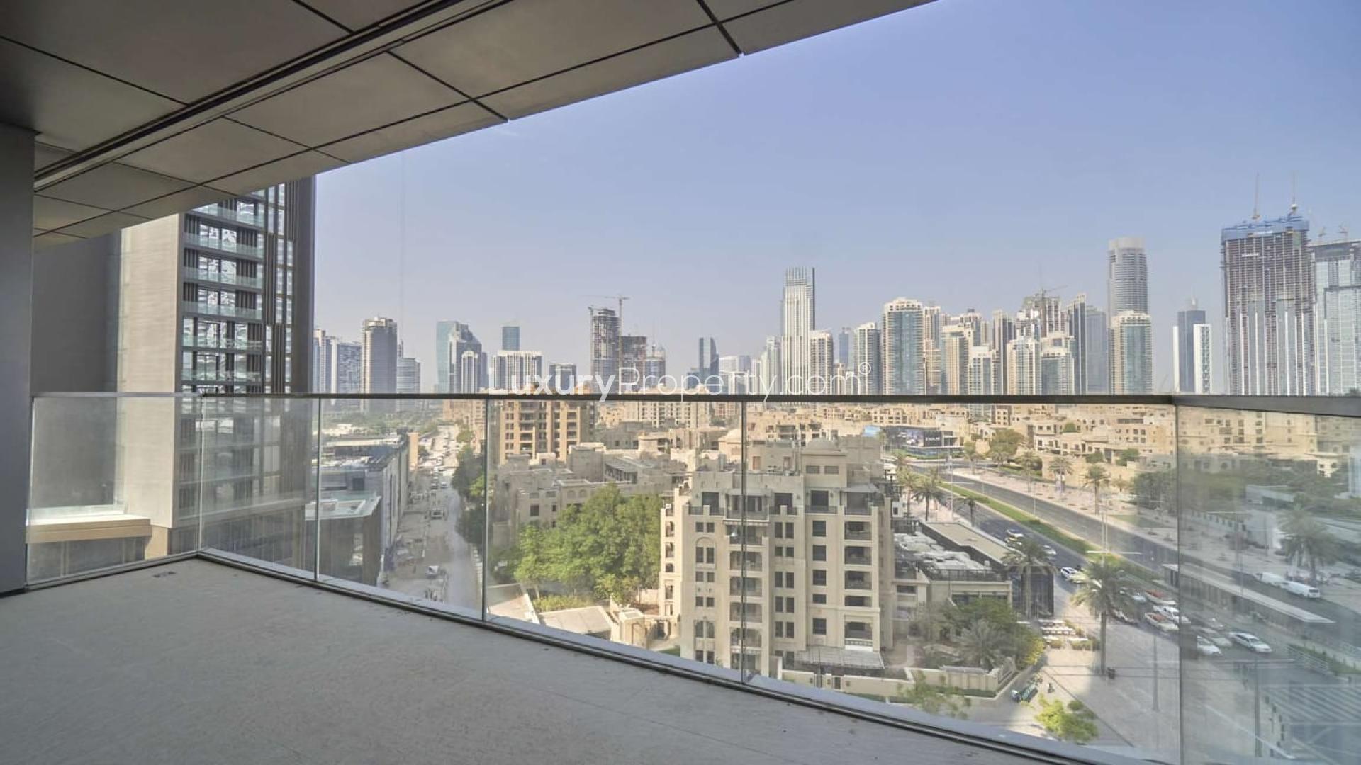 Balcony view from two-bedroom apartment in Boulevard Point, Downtown Dubai, for rent
