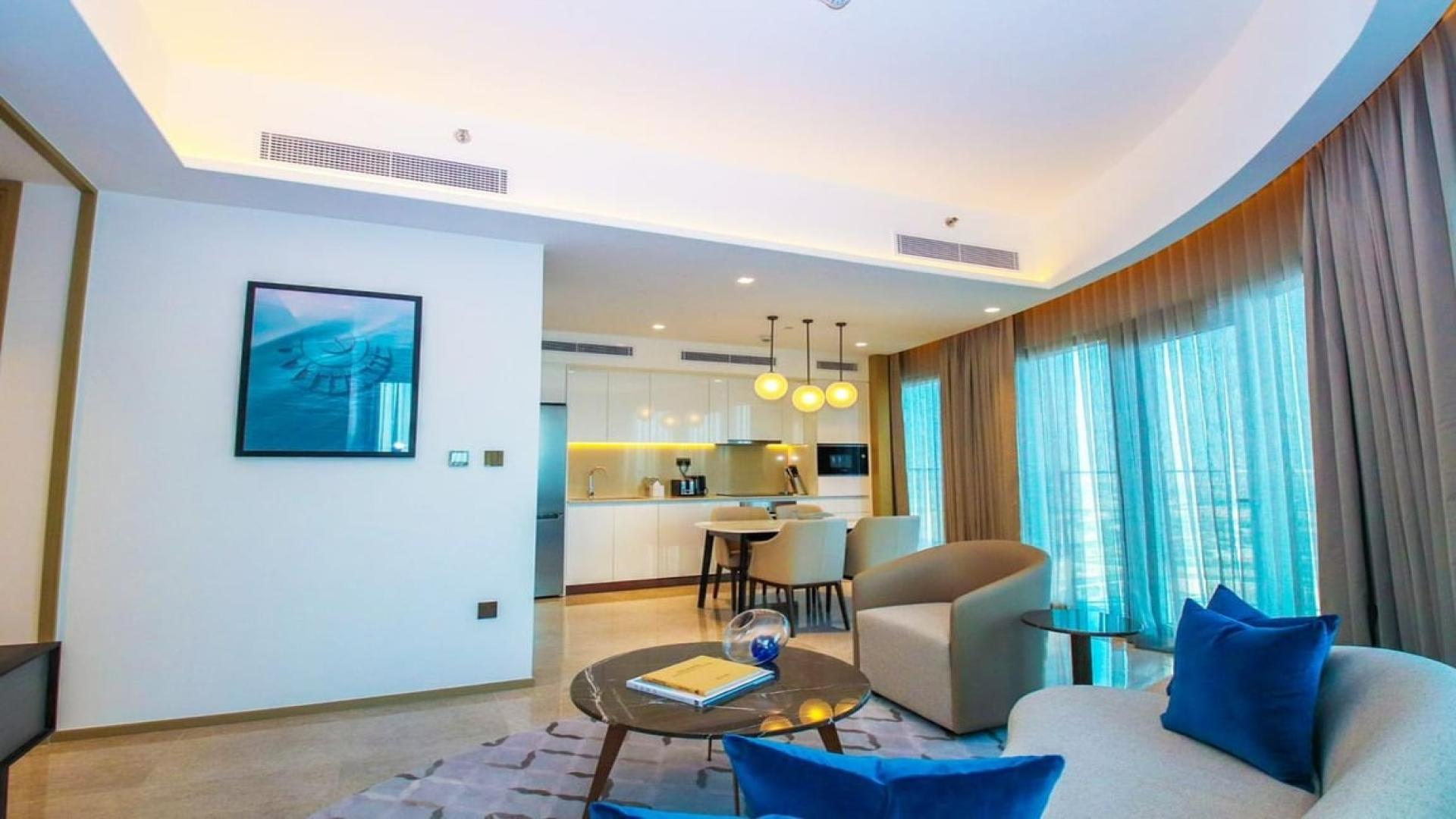 Fully furnished apartment living room with sea view in Dubai Creek Harbour