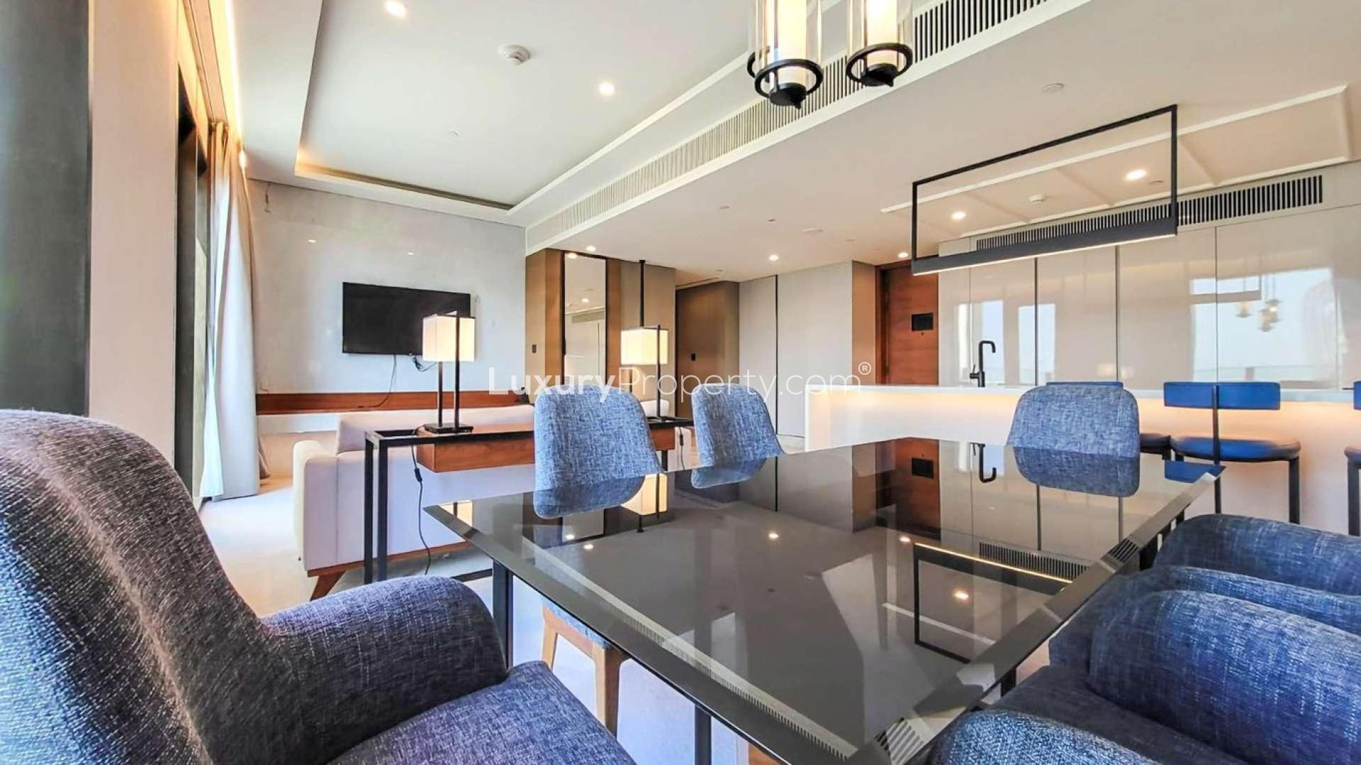 Modern living room in luxury apartment, Caesars Bluewaters Dubai, with elegant furniture and decor