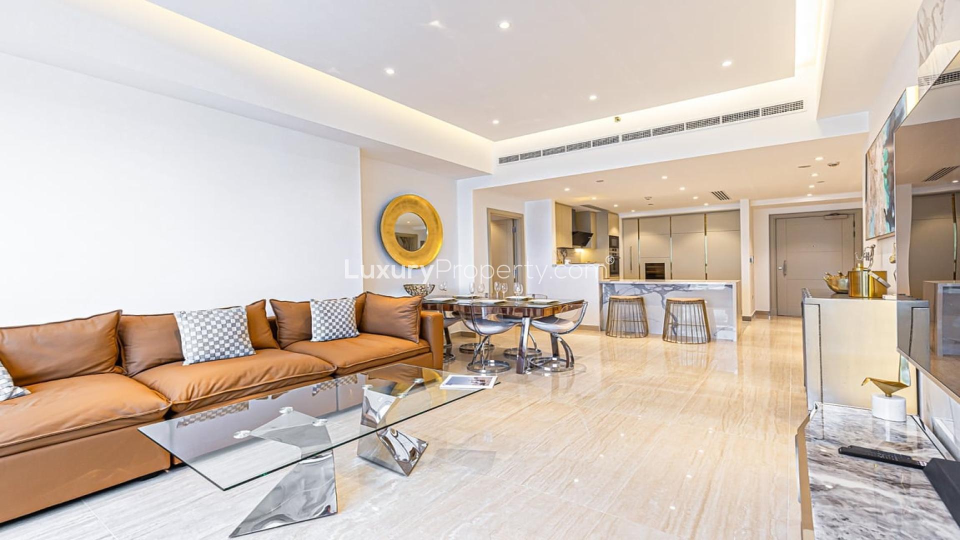 Furnished apartment kitchen and living area in Marina Residences, Palm Jumeirah, for rent