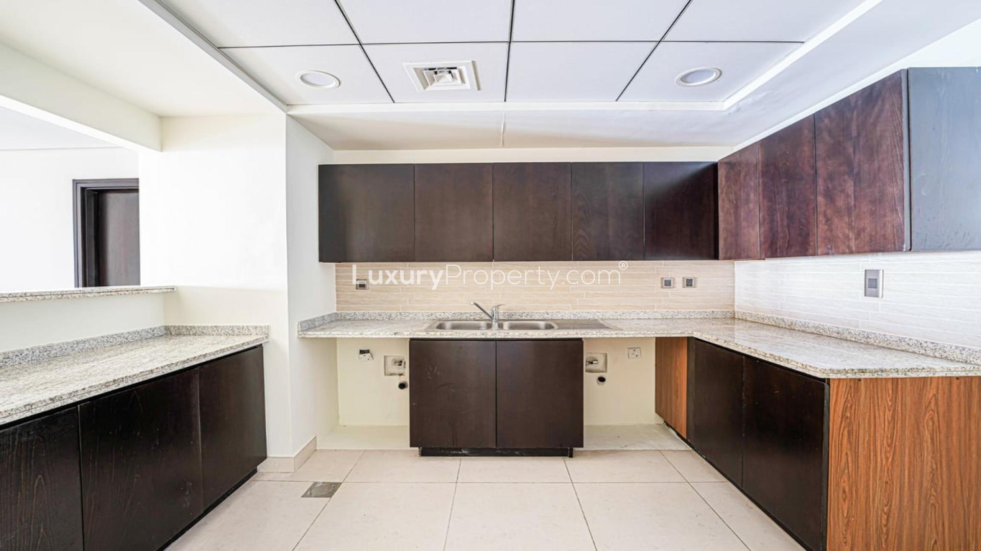Modern kitchen with dark wood cabinets in Palm Jumeirah apartment for rent, Kingdom of Sheba