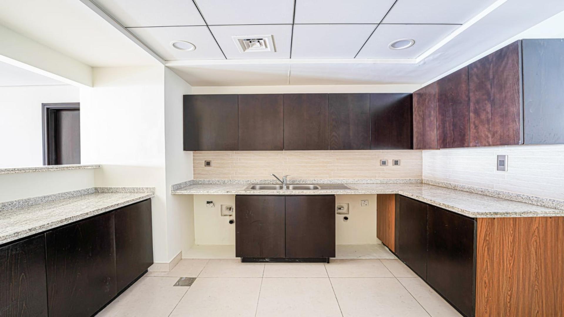 Modern kitchen with dark wood cabinets in Palm Jumeirah apartment for rent, Kingdom of Sheba
