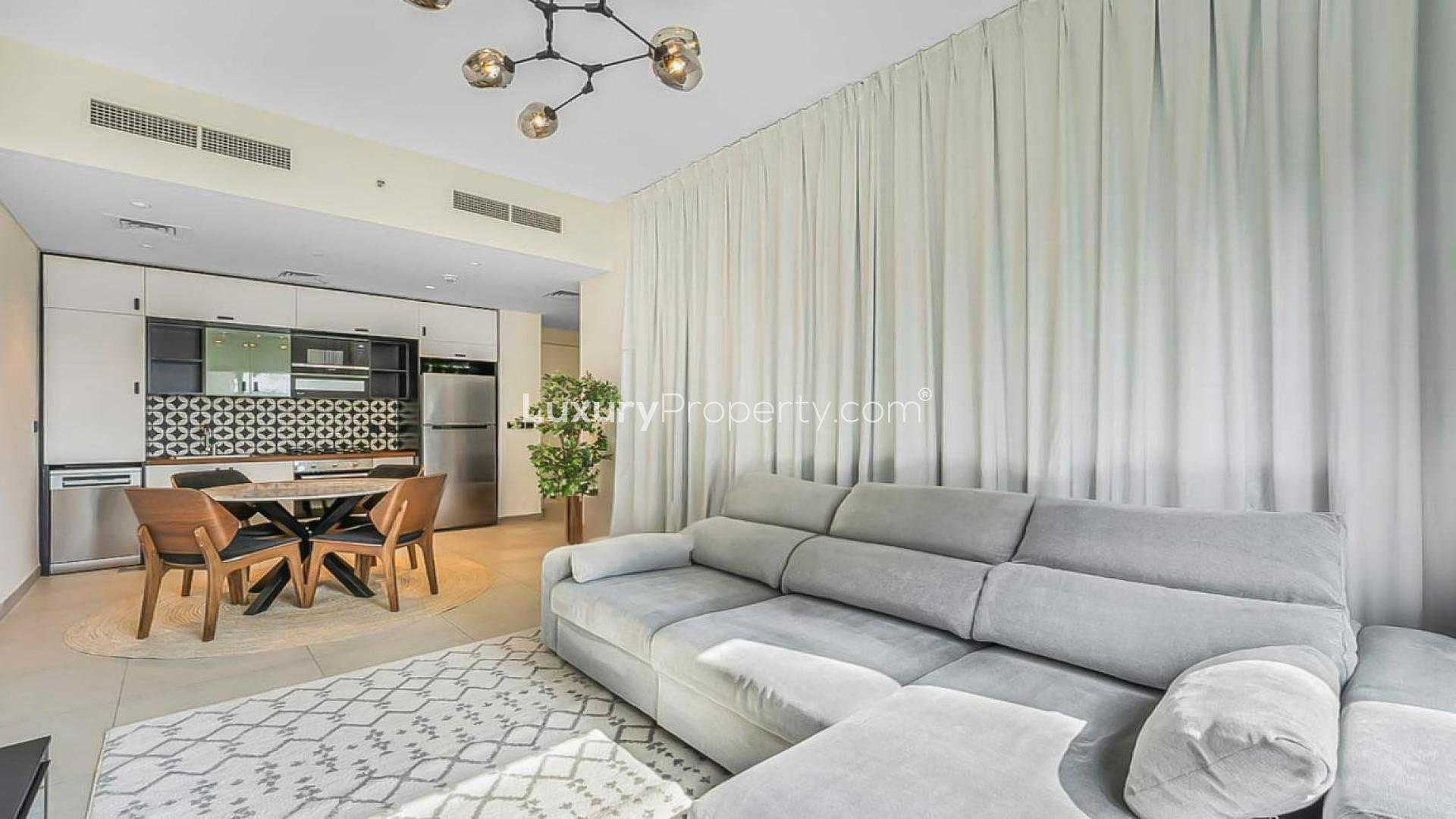 Modern furnished living room in Socio Tower, Dubai Hills Estate apartment for rent