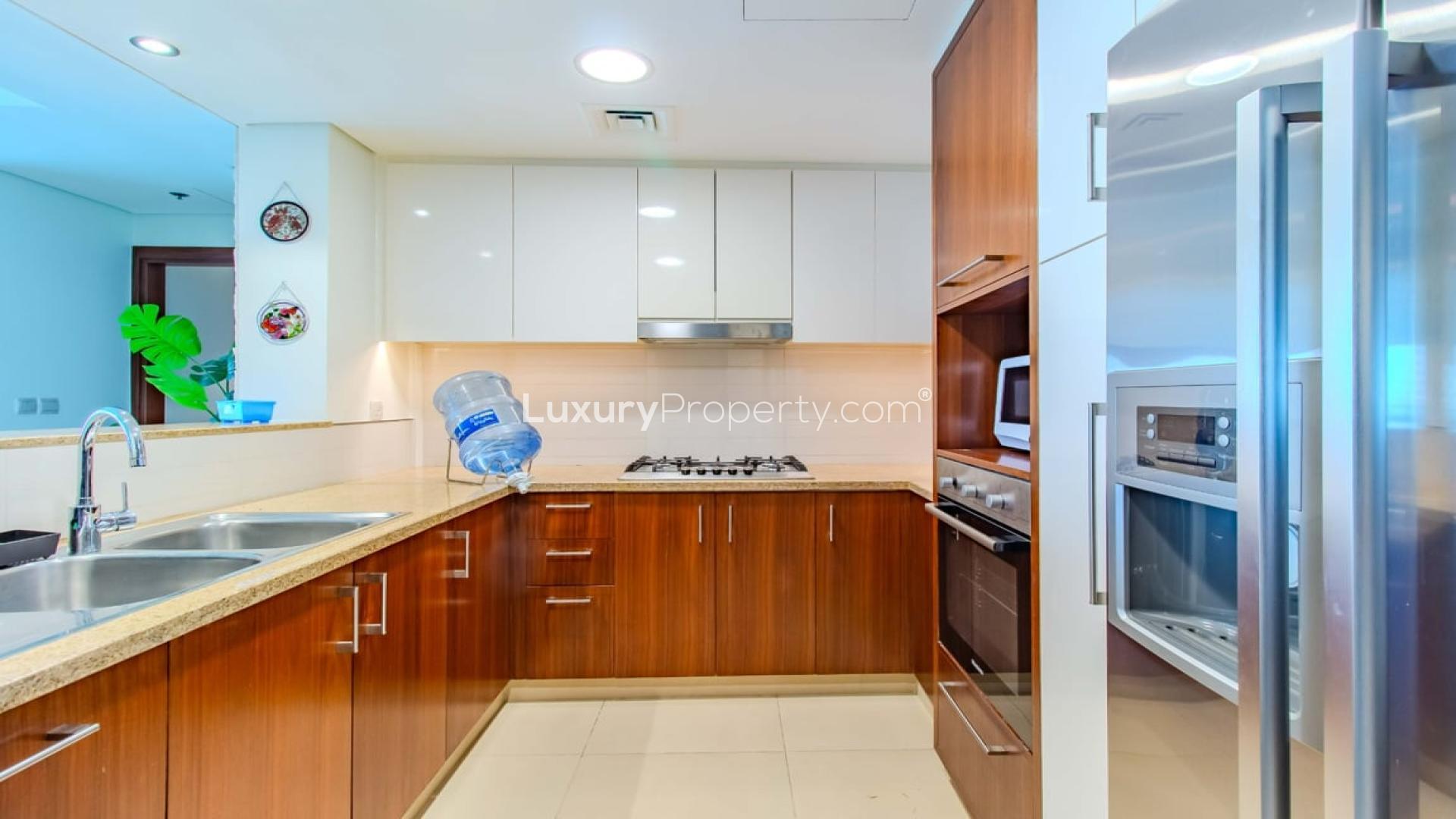 Fully furnished living room in Burj Vista apartment, Downtown Dubai, with modern decor