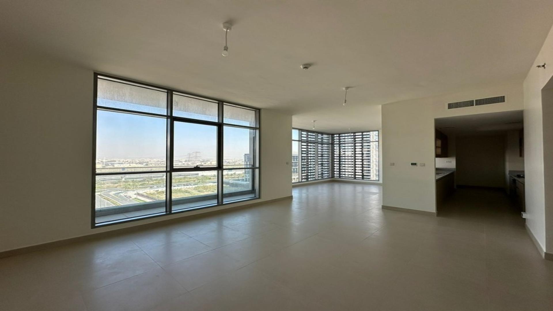 Balcony view from apartment in Park Heights, Dubai Hills Estate, overlooking street and buildings
