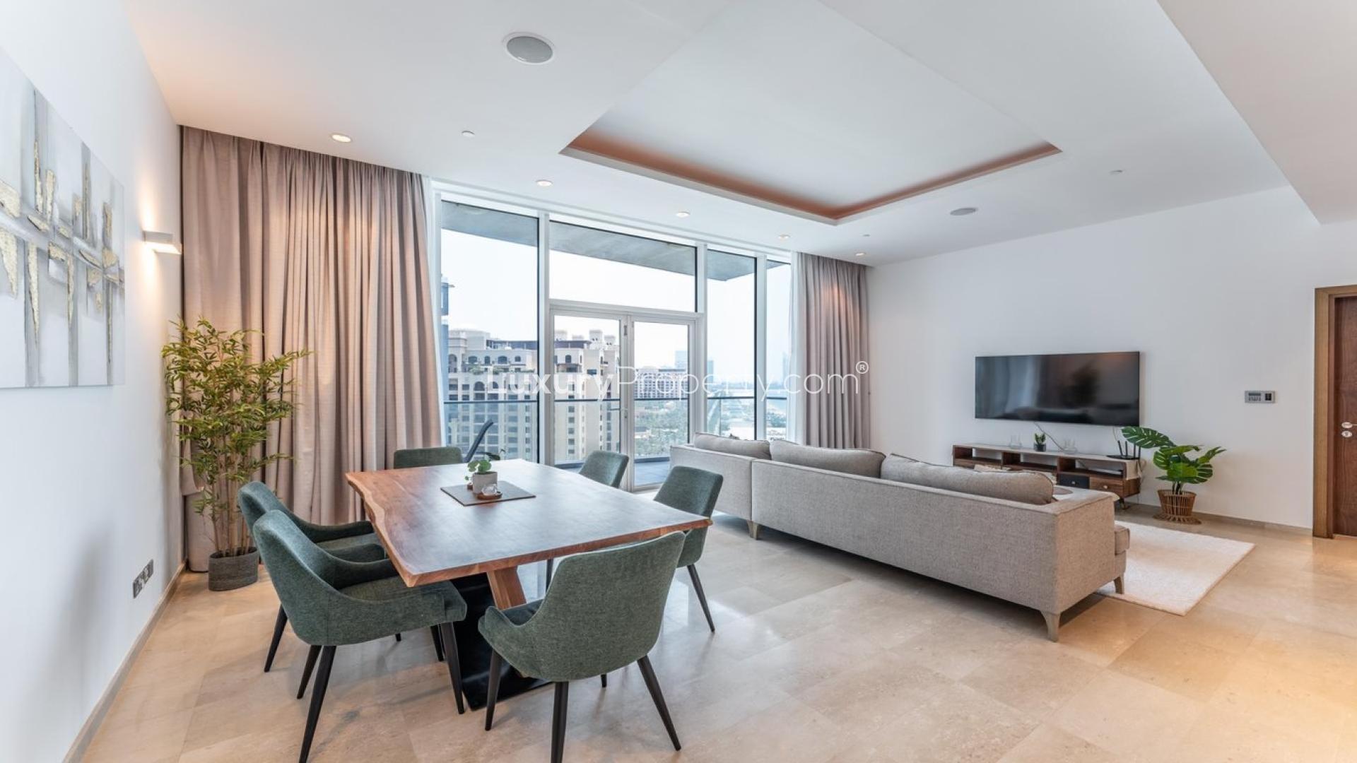 Fully furnished living room in upgraded 2-bedroom apartment, Oceana, Palm Jumeirah for rent