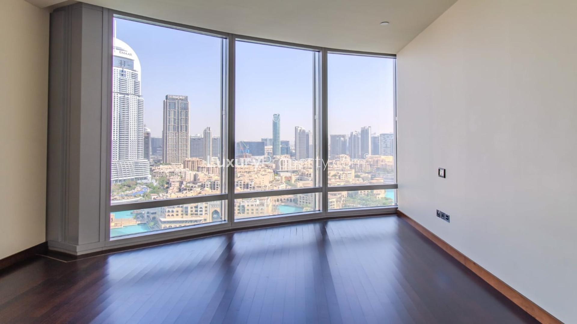 Panoramic view from high-floor apartment in Burj Khalifa, Downtown Dubai, overlooking cityscape
