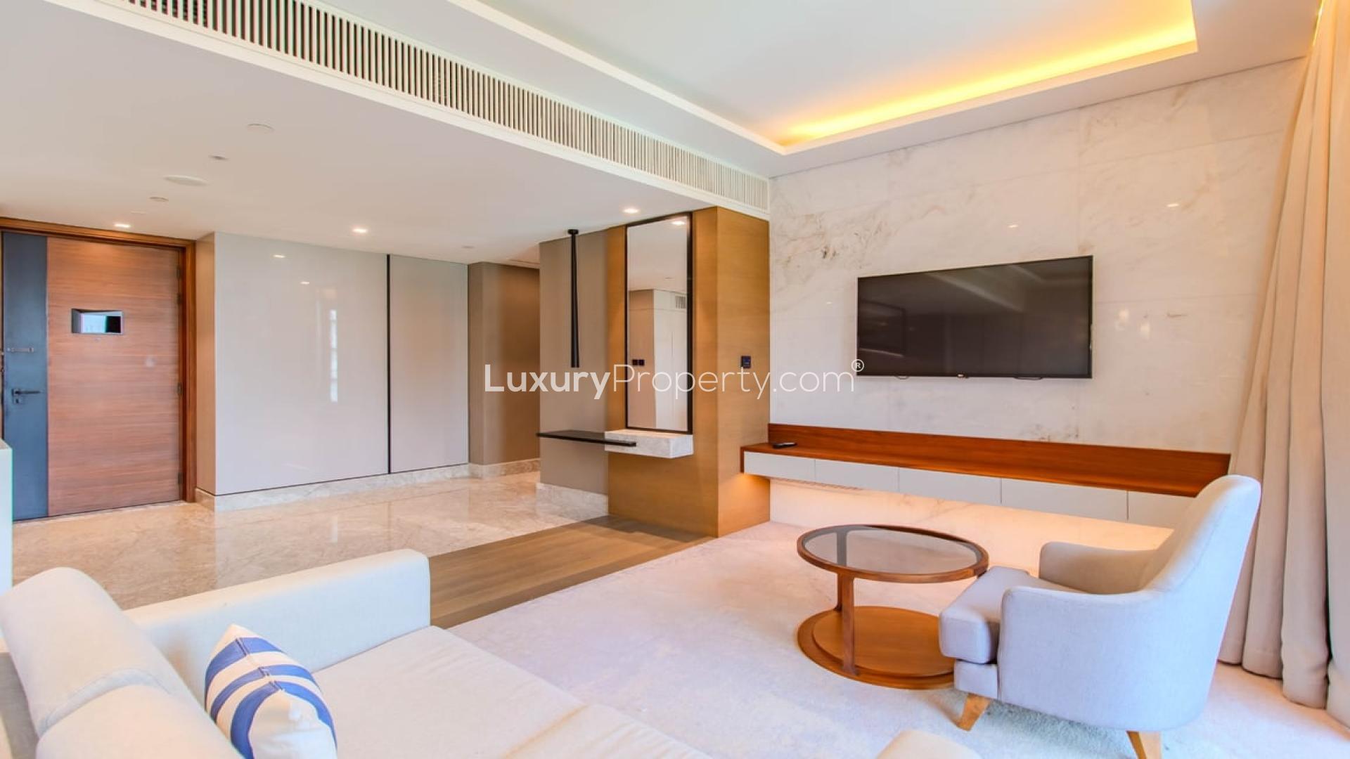 Modern open-plan living area in 2-bedroom apartment, The Residences, Caesars Resort Bluewaters