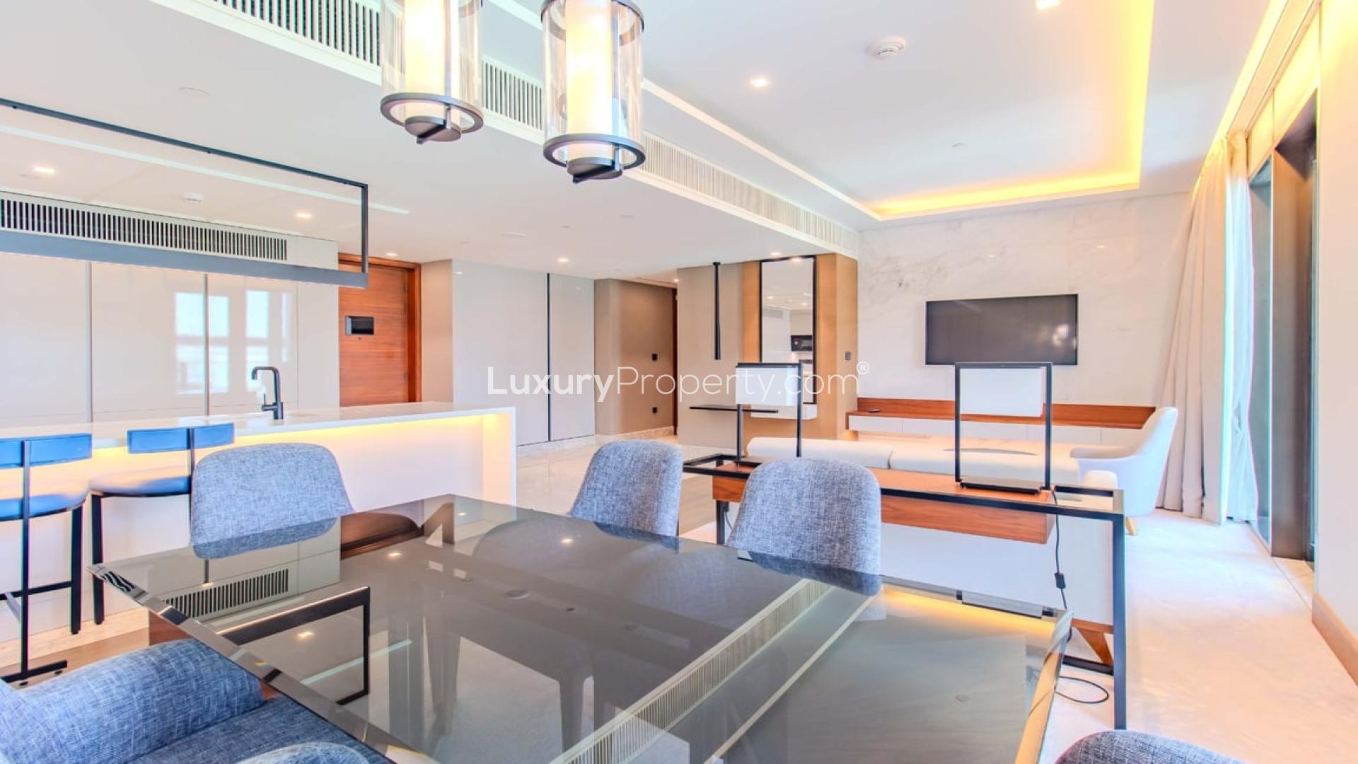 Modern living room in 2-bedroom apartment at Caesars Bluewaters Dubai for rent