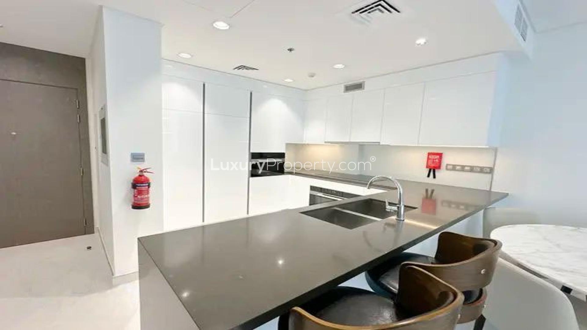 Furnished kitchen and dining area in District One apartment, Mohammed Bin Rashid City rental