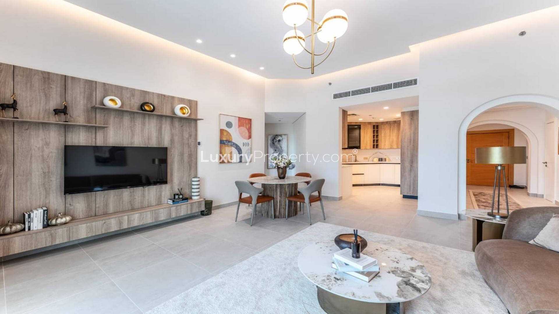 Modern living room in fully upgraded Shoreline Apartment, Palm Jumeirah, with stylish decor