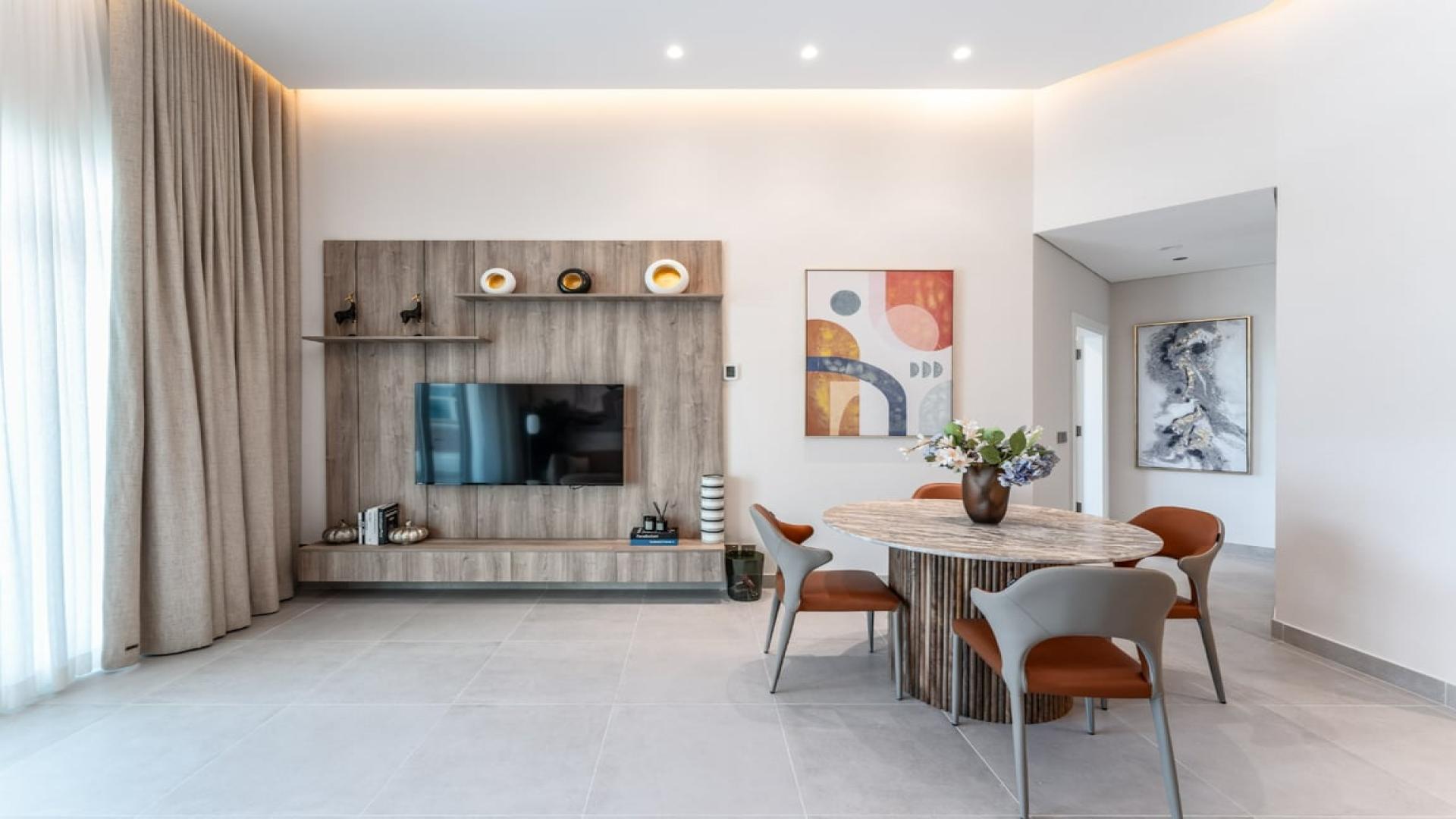 Modern living room in fully upgraded 2-bedroom apartment, Shoreline Apartments, Palm Jumeirah