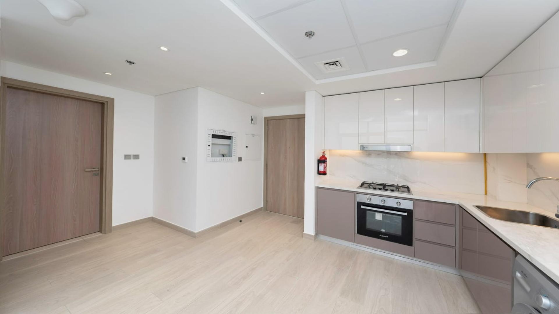 "View from Azizi Riviera apartment balcony overlooking modern buildings and swimming pools, Meydan Dubai.",Modern kitchen in 2-bedroom apartment, Azizi Riviera, Meydan Dubai, featuring sleek cabinetry and appliances