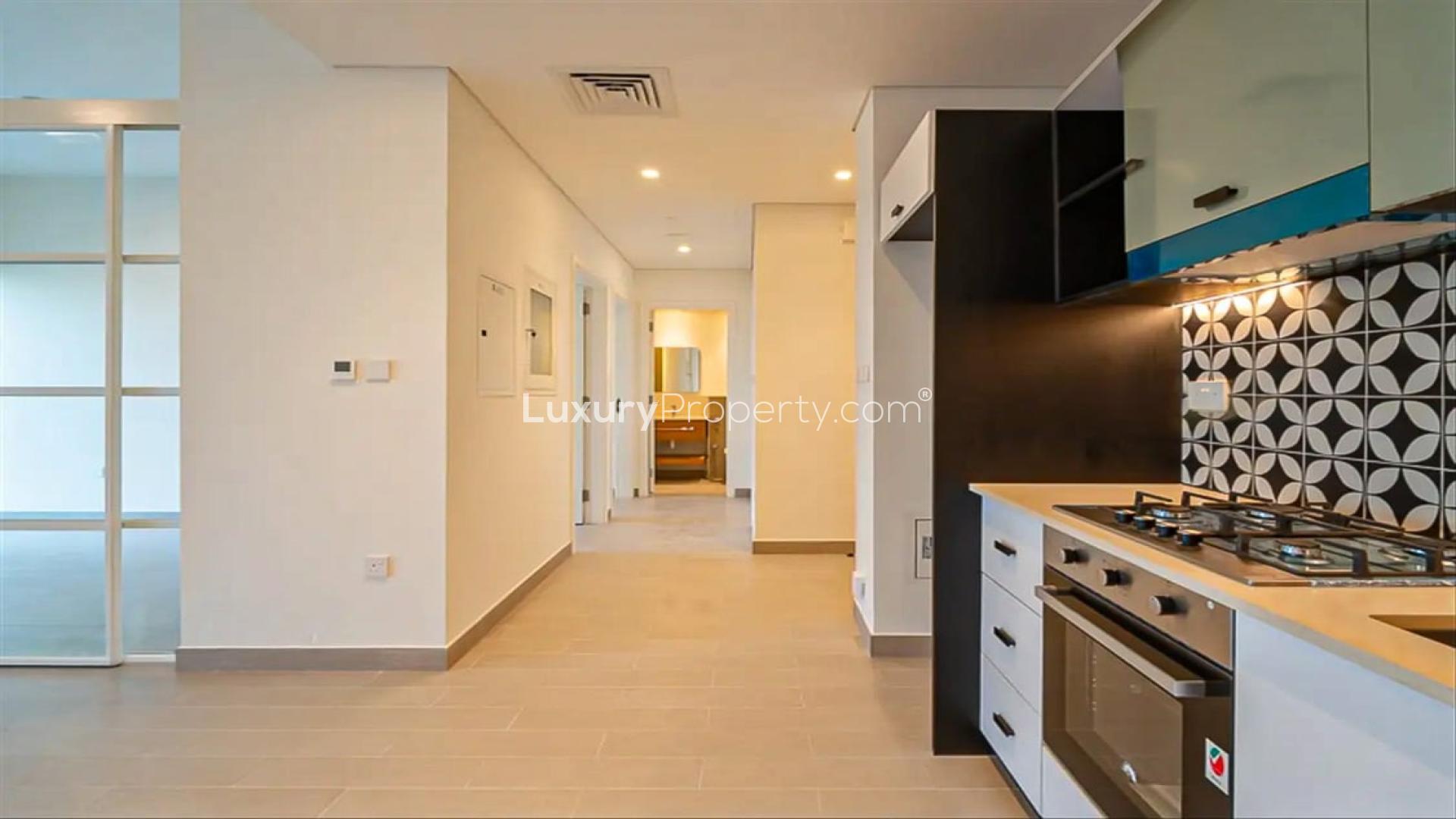 Corner apartment interior with large windows, Burj Khalifa view, Dubai Hills Estate, Golfville