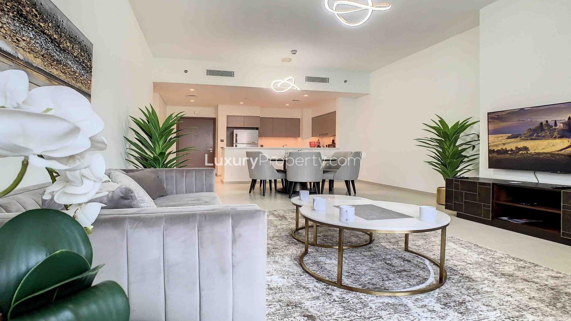 Furnished living and dining area in 2-bedroom apartment, Act Towers, Downtown Dubai, Opera District