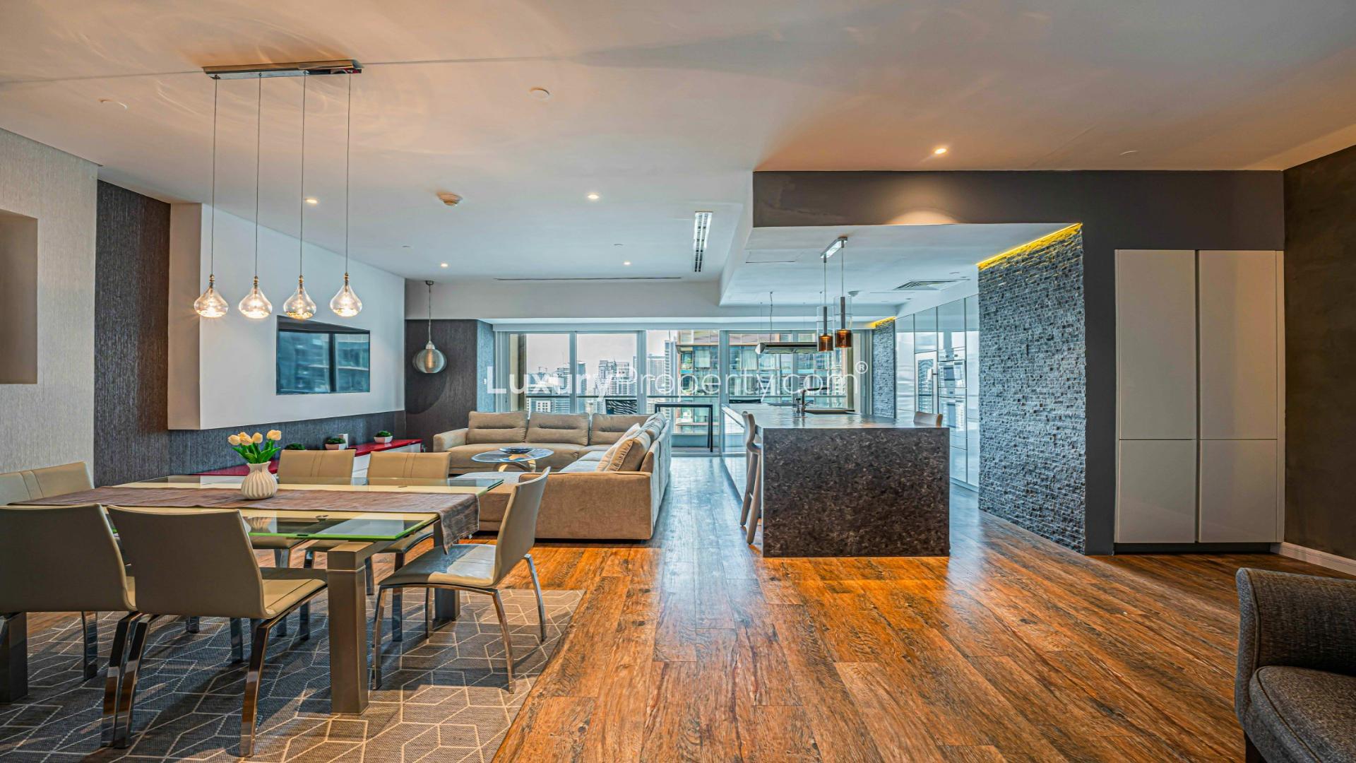 Modern living room in fully upgraded 2-bedroom duplex, Marina Heights, Dubai Marina