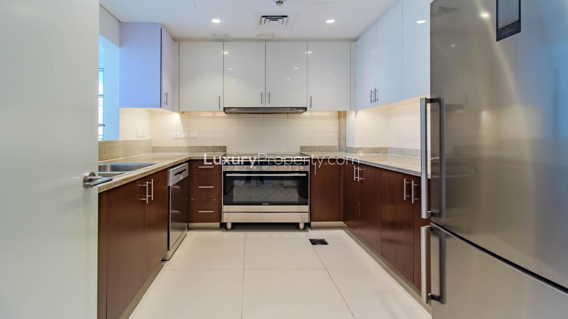 Spacious balcony view from luxury apartment in BLVD Crescent, Downtown Dubai skyscrapers in background