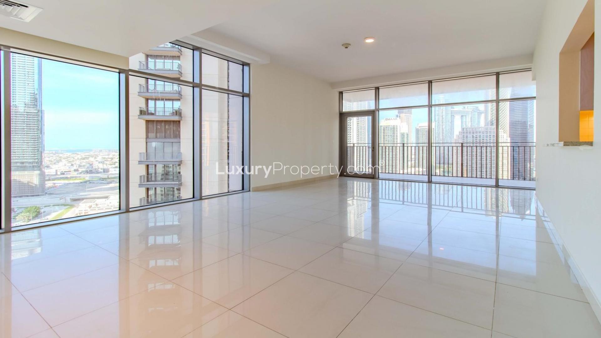 Spacious living room in luxury 2-bedroom apartment, BLVD Crescent, Downtown Dubai