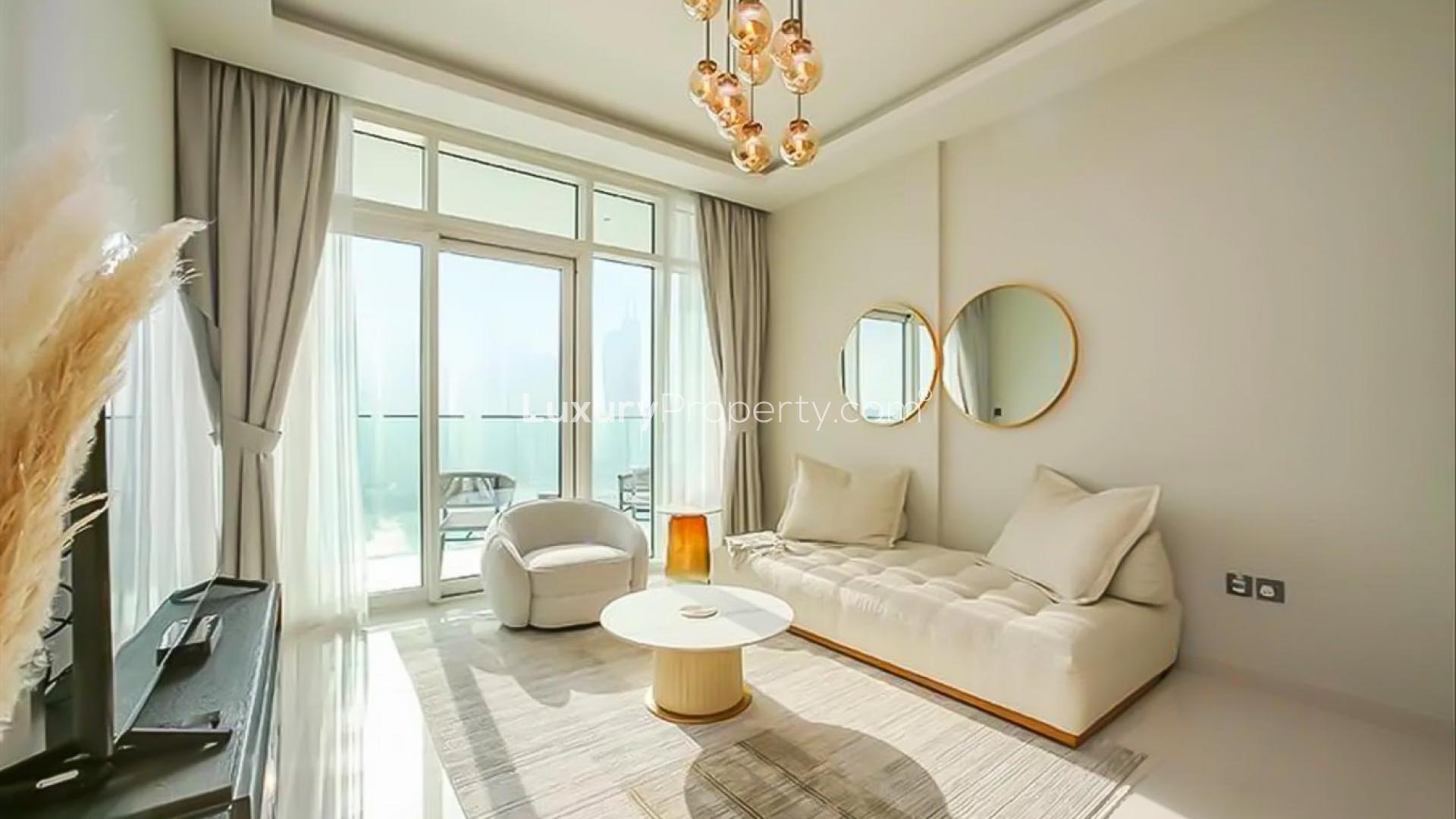 Modern living room with elegant decor in Emaar Beachfront apartment, Dubai Harbour